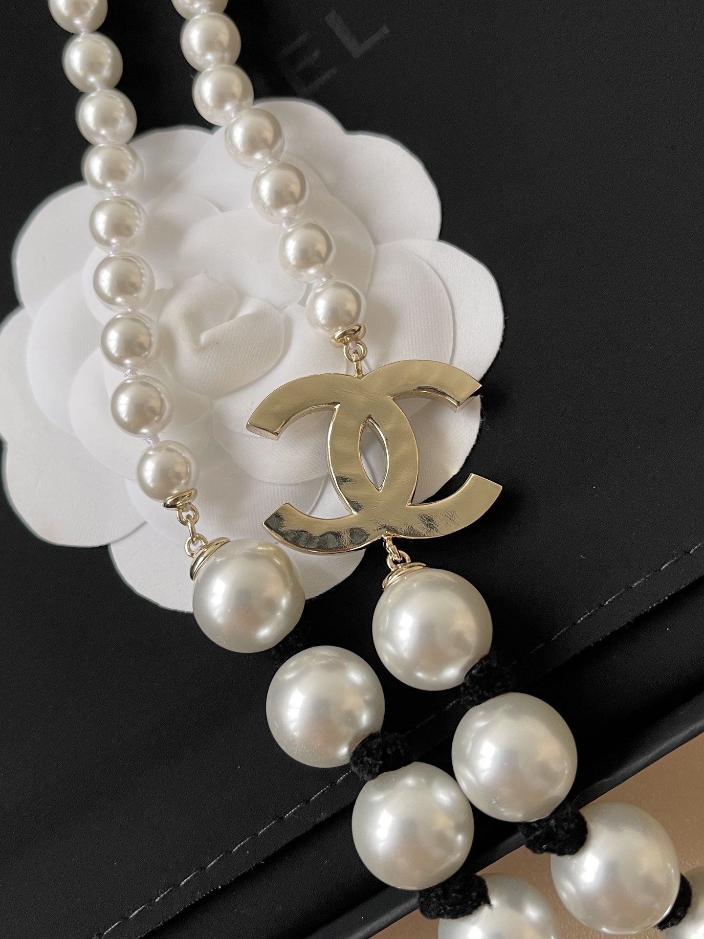 Chanel 2025 SS Long Pearl Necklace with Black CC Logo Charm