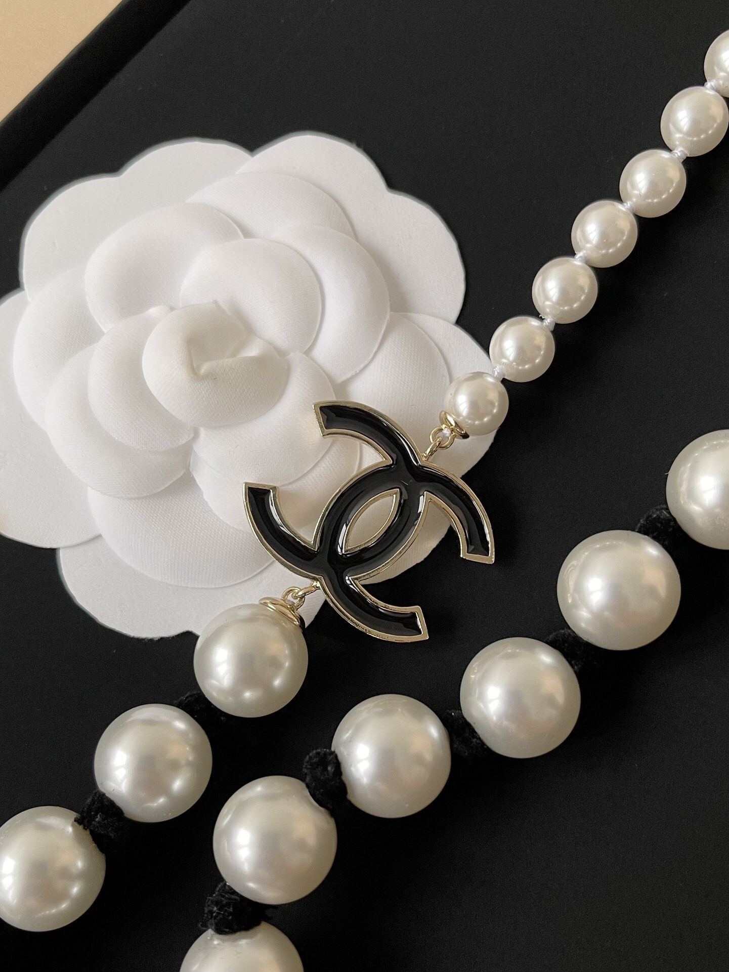 Chanel 2025 SS Long Pearl Necklace with Black CC Logo Charm