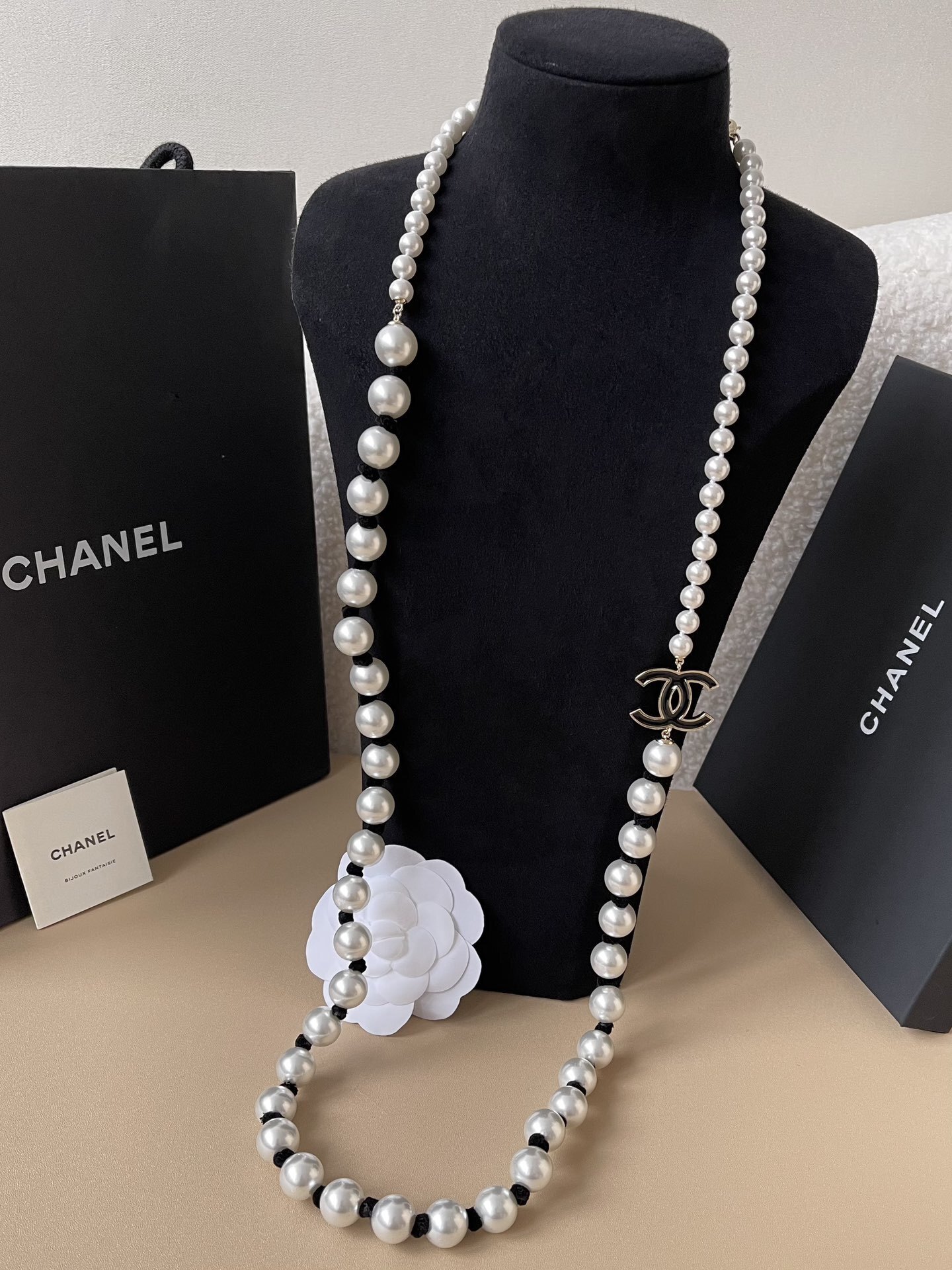 Chanel 2025 SS Long Pearl Necklace with Black CC Logo Charm