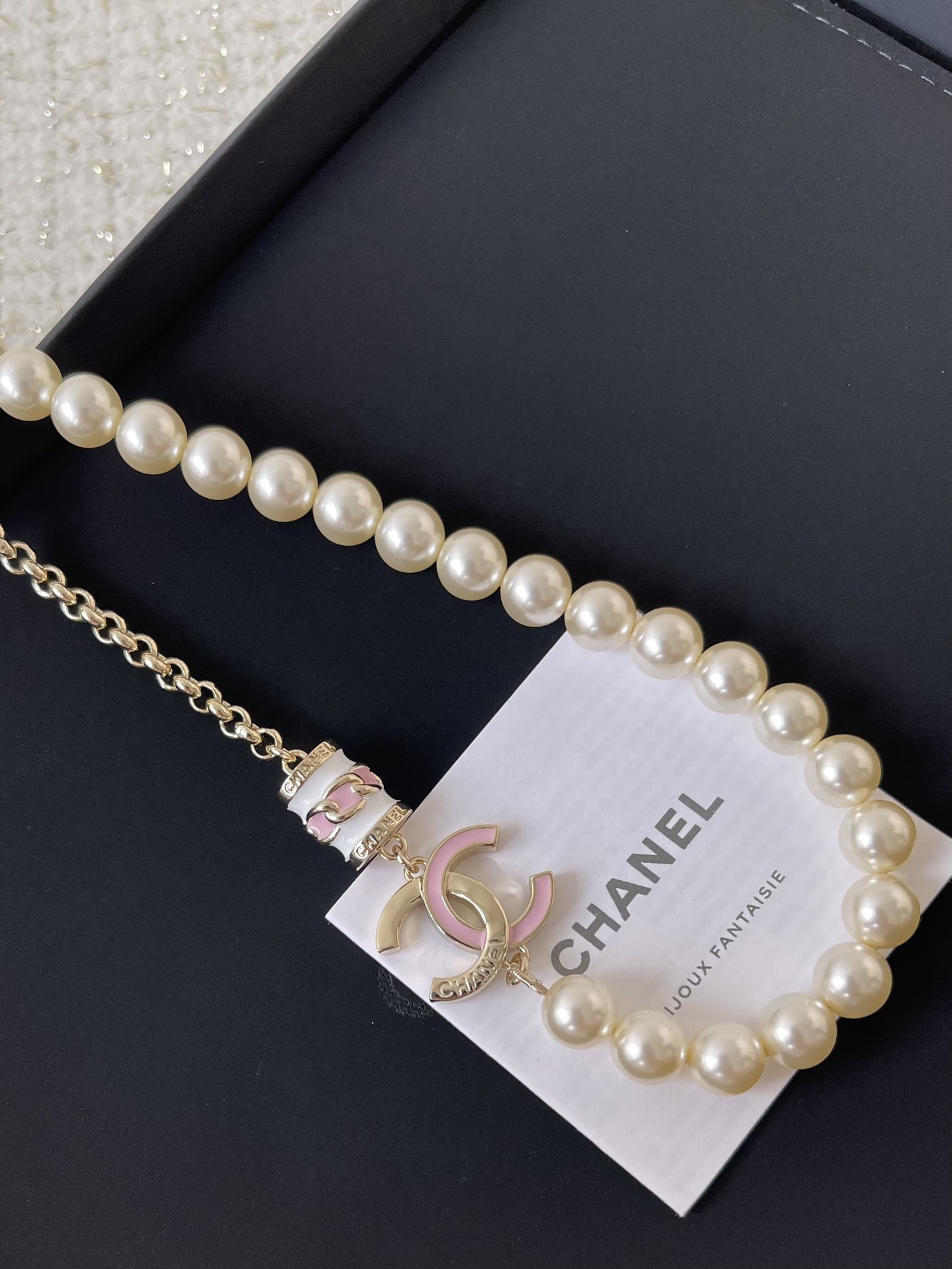 Elegant Pearl Necklace with Pink CC Logo Charm - Luxury Jewelry Gift