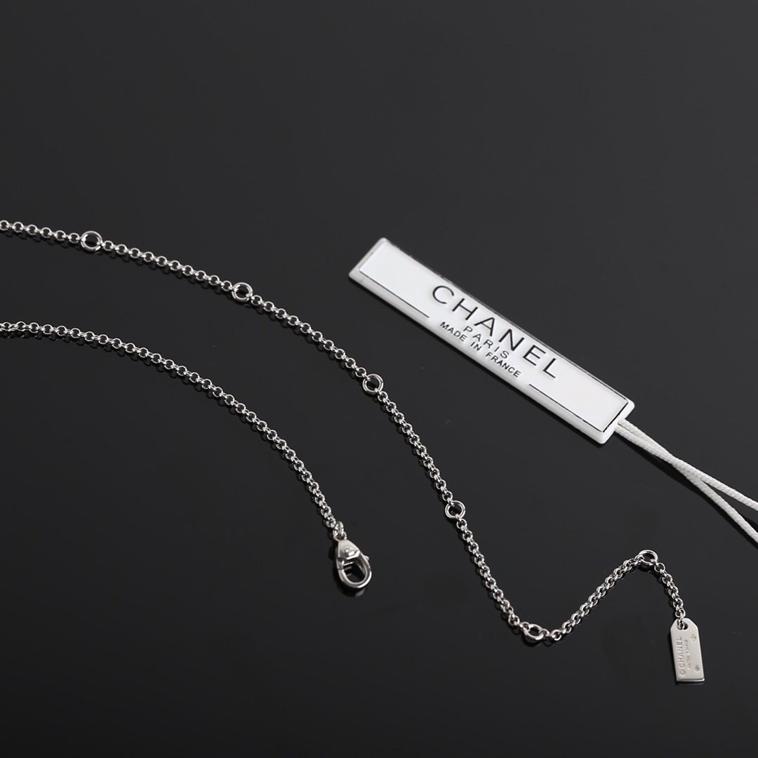 Luxury Chanel Camellia Flower Crystal Drop Necklace - Silver Tone