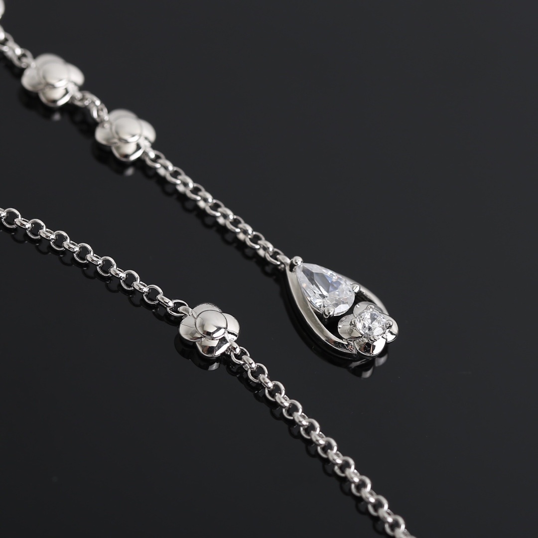 Luxury Chanel Camellia Flower Crystal Drop Necklace - Silver Tone