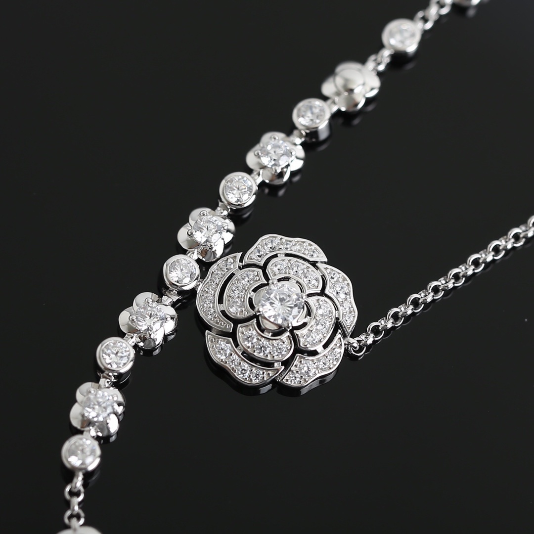Luxury Chanel Camellia Flower Crystal Drop Necklace - Silver Tone