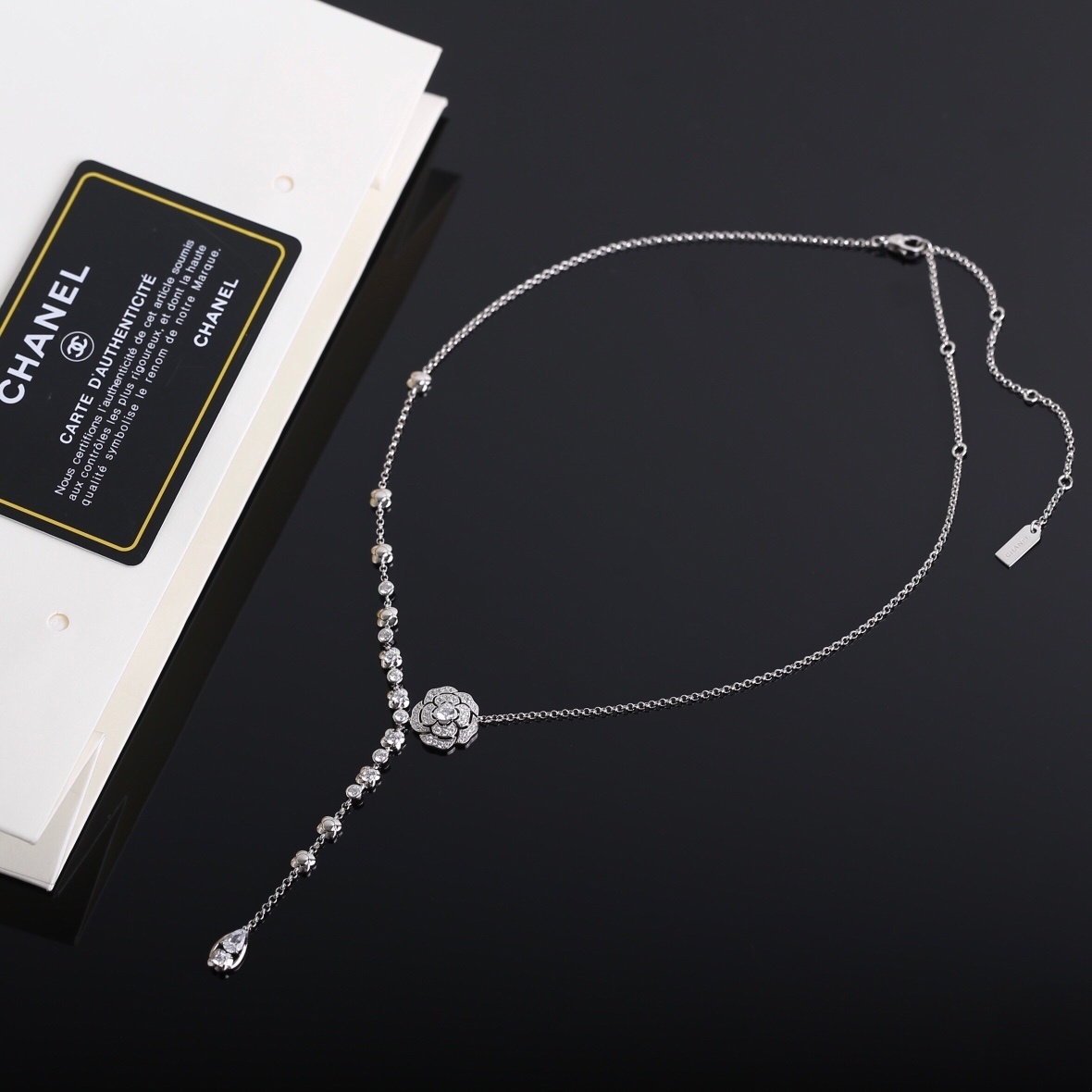Luxury Chanel Camellia Flower Crystal Drop Necklace - Silver Tone