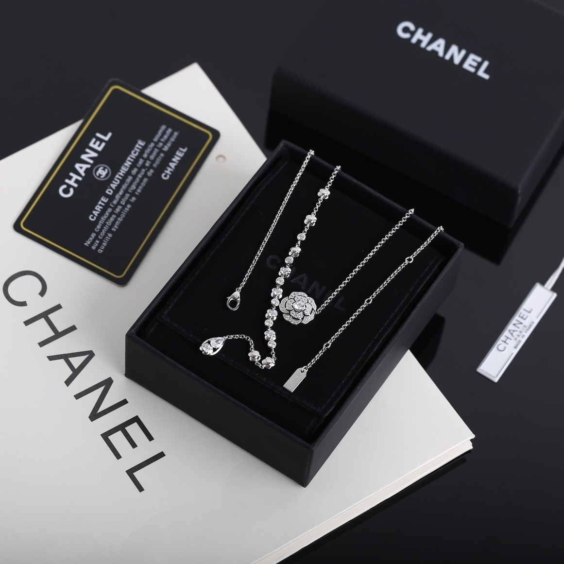 Luxury Chanel Camellia Flower Crystal Drop Necklace - Silver Tone
