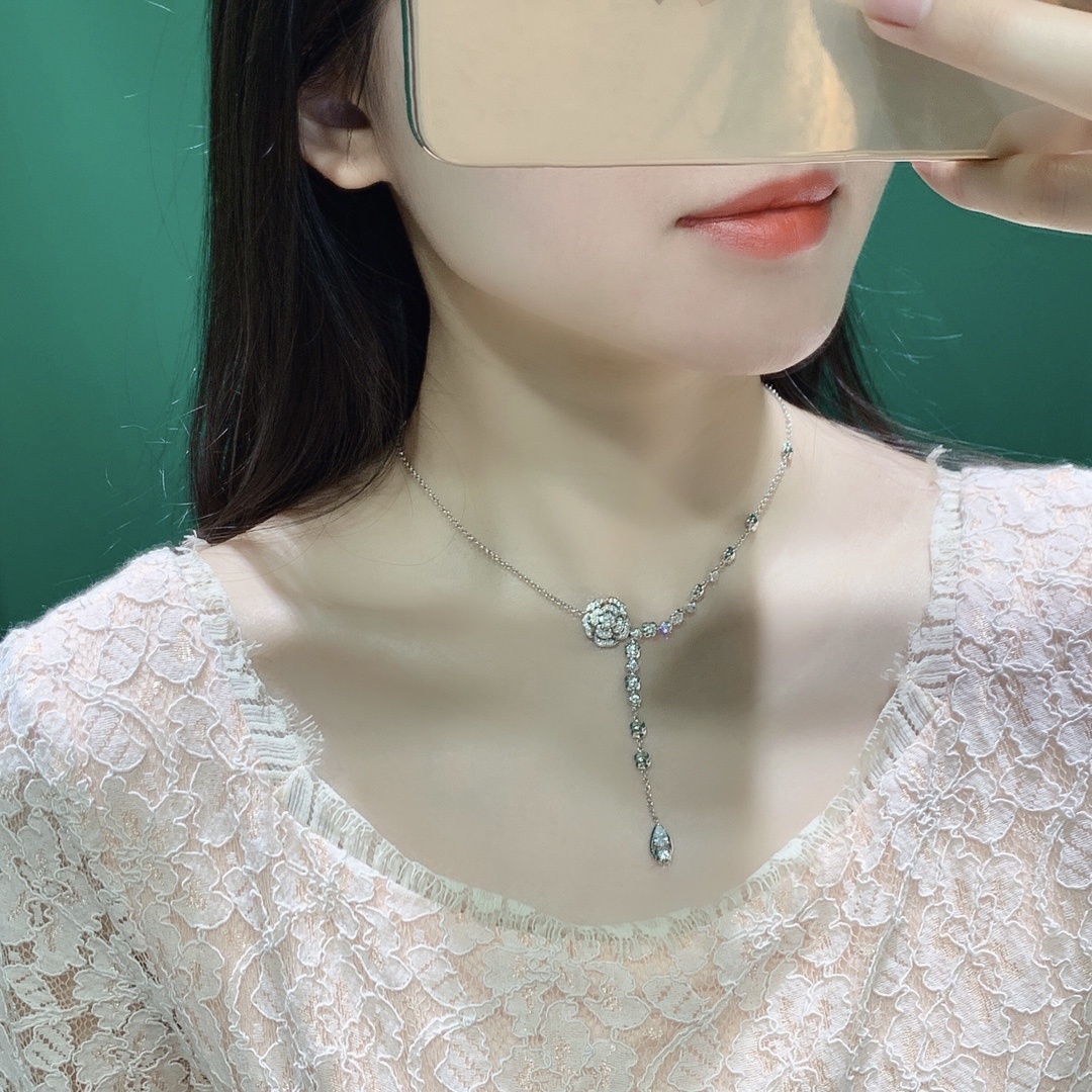 Luxury Chanel Camellia Flower Crystal Drop Necklace – Silver Tone
