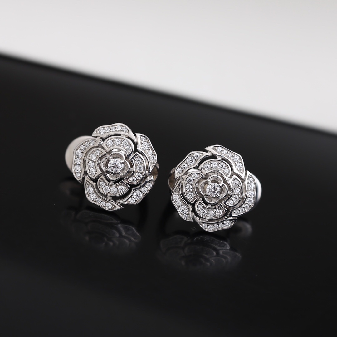 Elegant Camellia Flower Stud Earrings - Silver Pave Crystal Jewelry