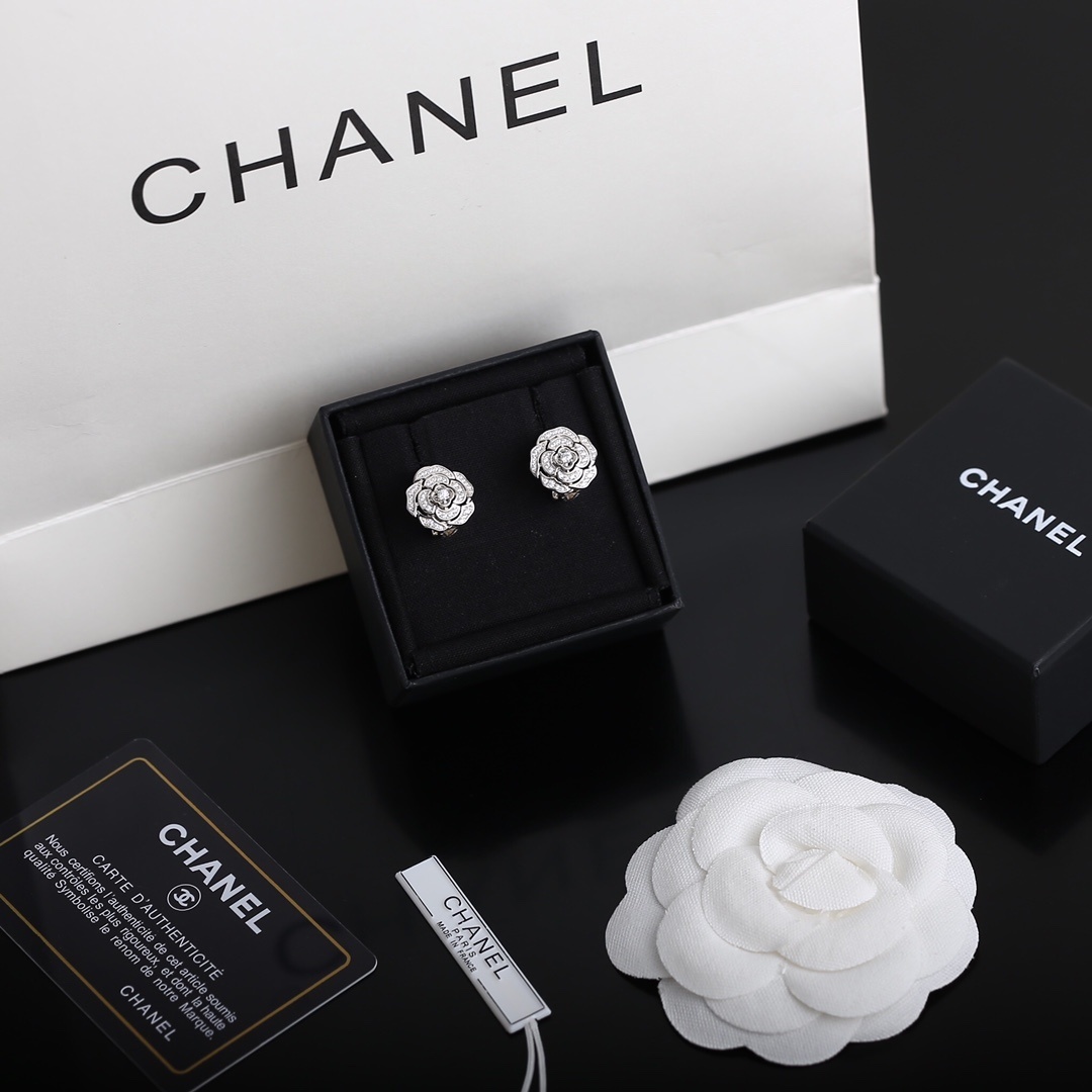 Elegant Camellia Flower Stud Earrings - Silver Pave Crystal Jewelry