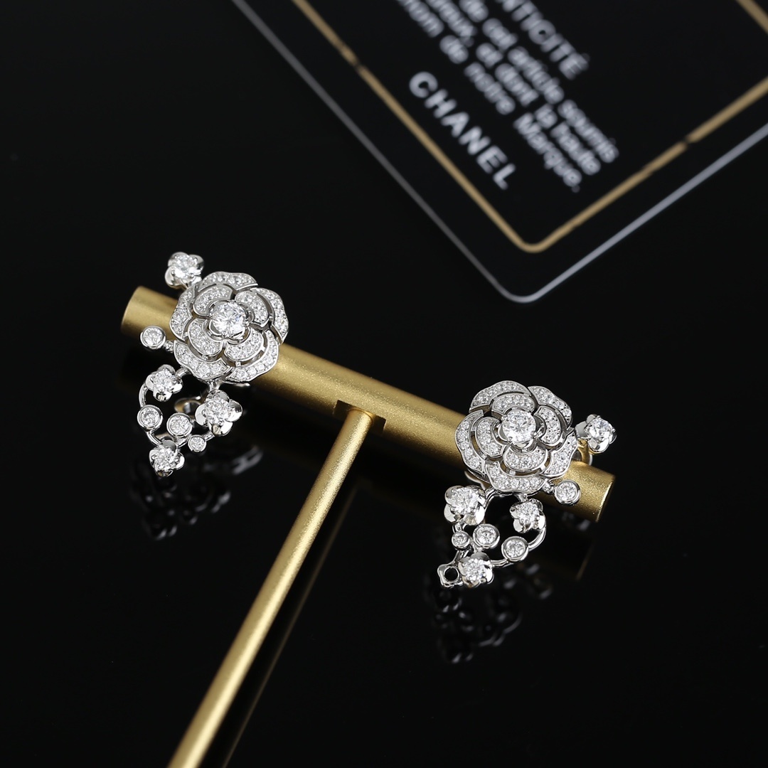 Luxury Camellia Flower Crystal Drop Earrings - Elegant Silver Jewelry