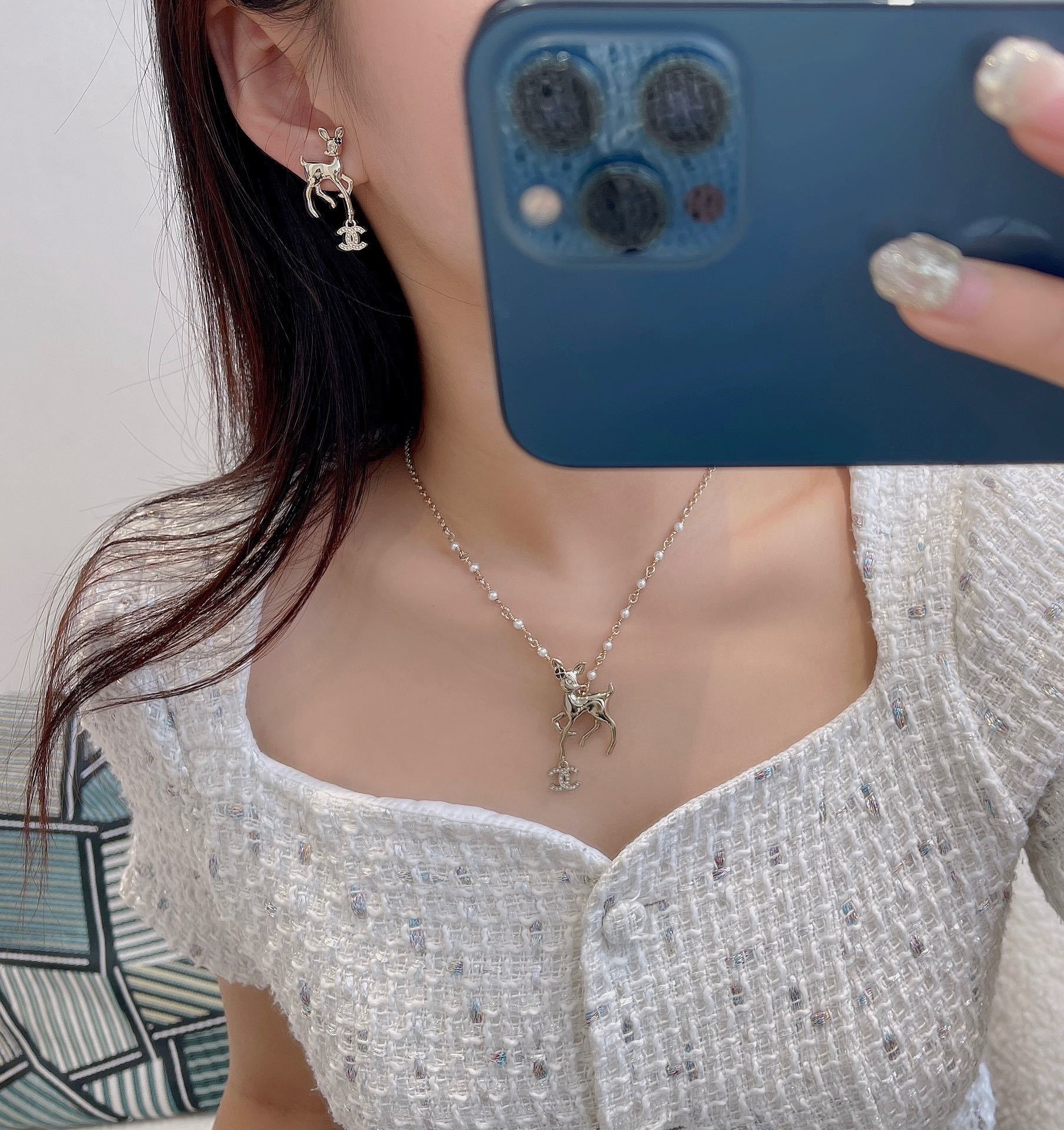 Chanel Gold Fawn Deer Necklace with Pearl Chain and CC Logo