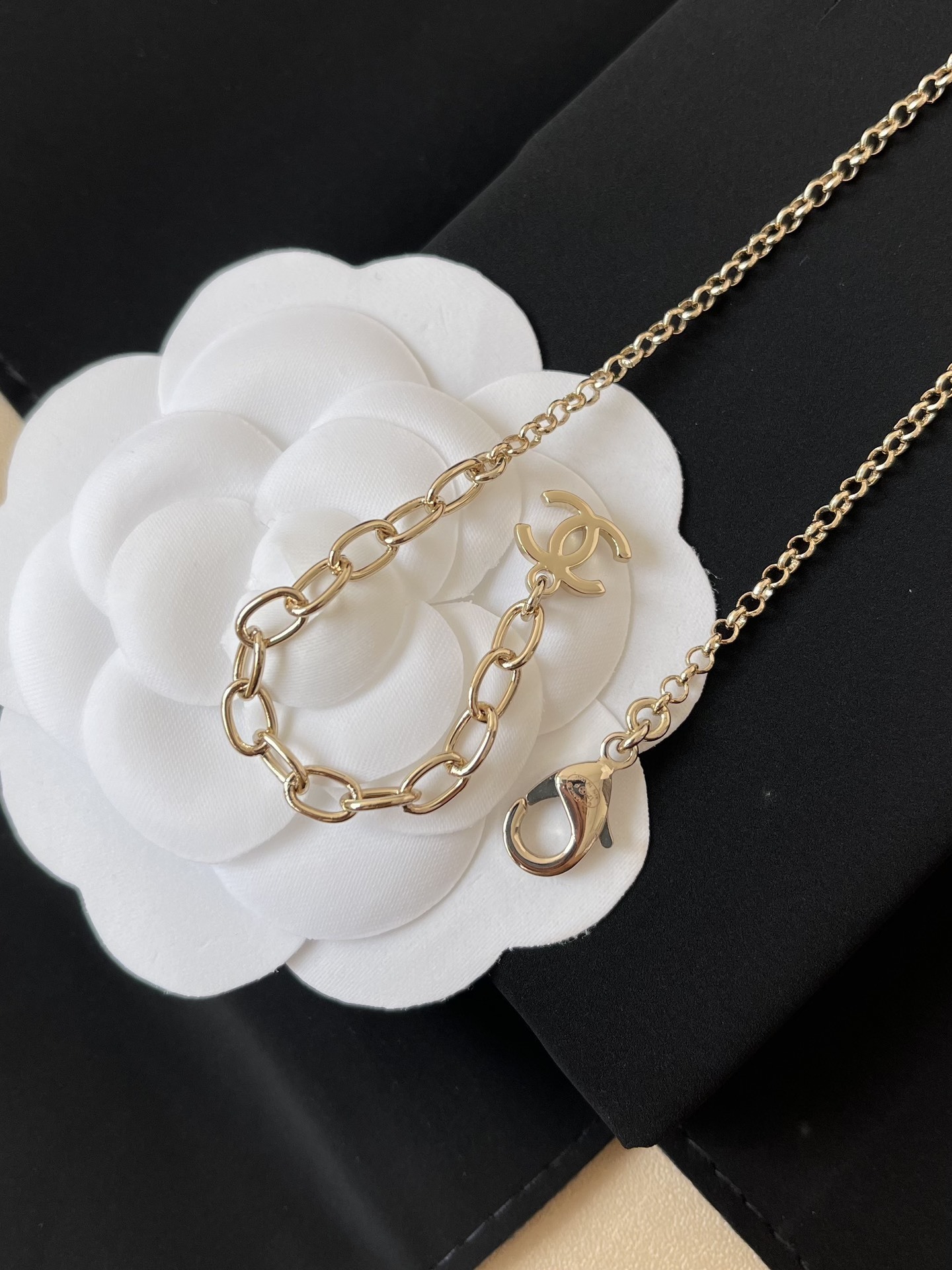 Chanel Gold Fawn Deer Necklace with Pearl Chain and CC Logo