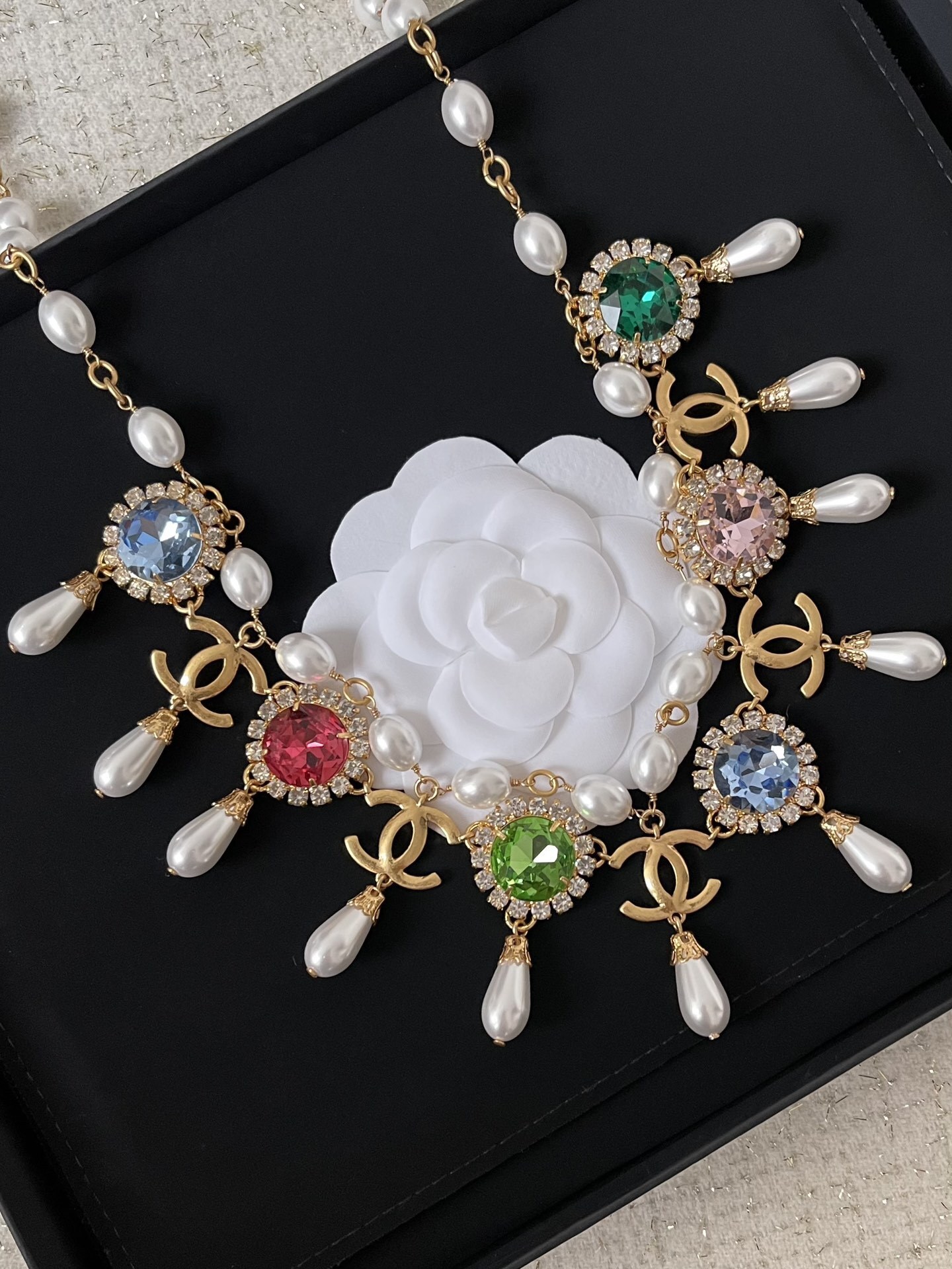Luxury Gold CC Logo Necklace with Colorful Crystals & Pearls