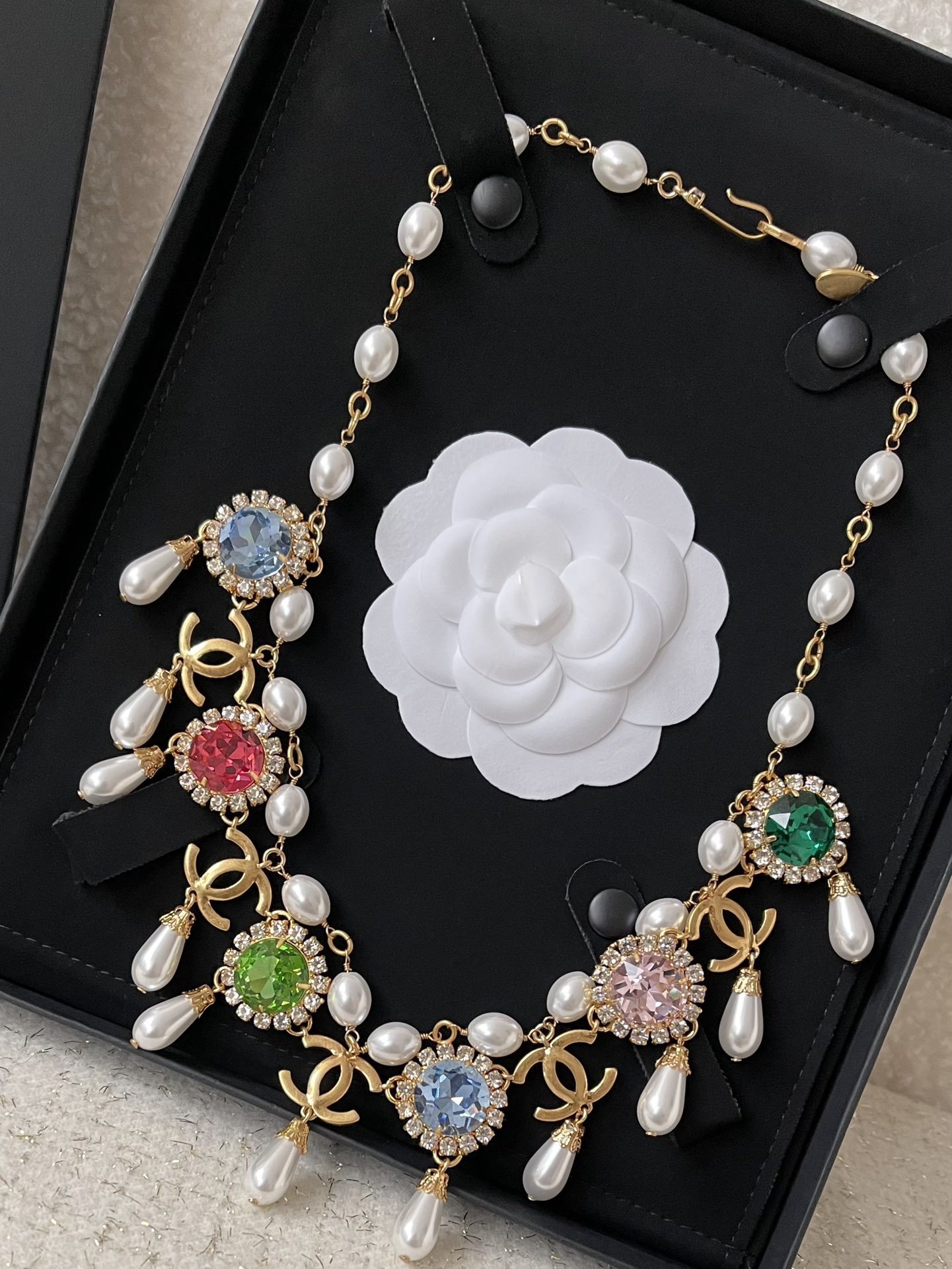 Luxury Gold CC Logo Necklace with Colorful Crystals & Pearls