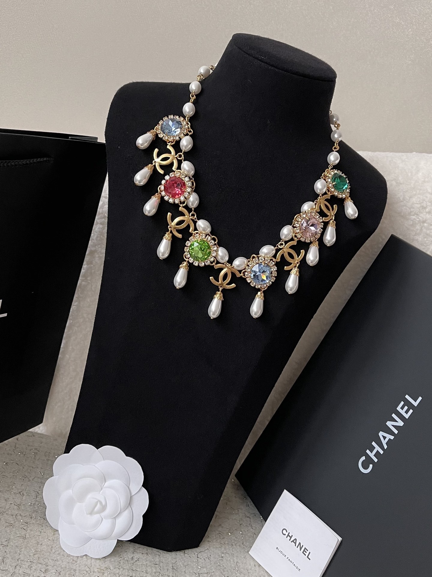 Luxury Gold CC Logo Necklace with Colorful Crystals & Pearls