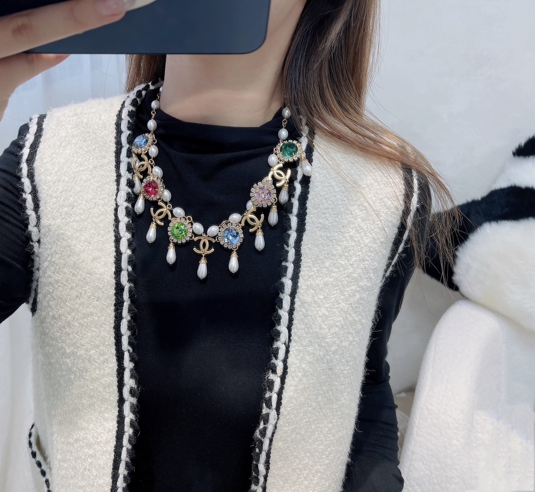 Luxury Gold CC Logo Necklace with Colorful Crystals & Pearls