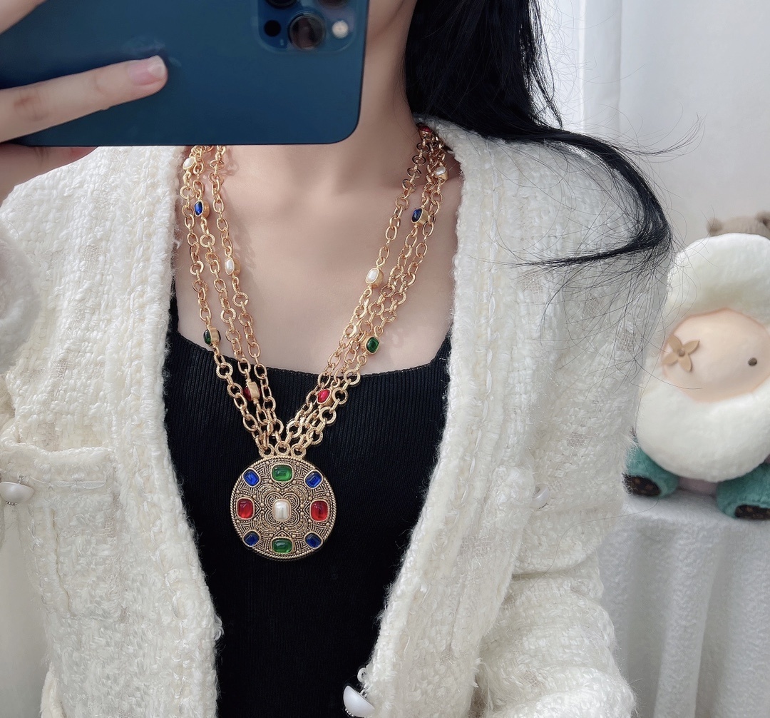 Vintage Chanel Multi-Layer Gold Chain Necklace & Belt with Gemstones