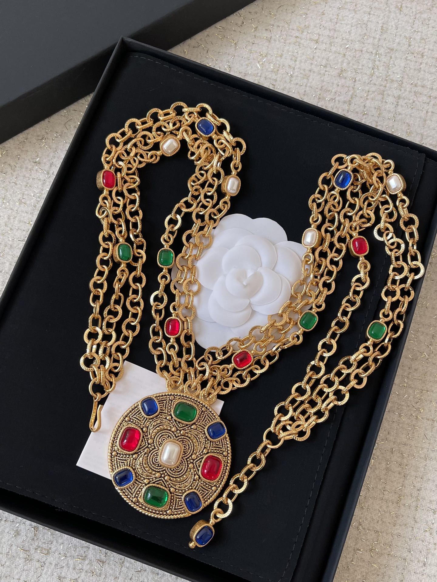 Vintage Chanel Multi-Layer Gold Chain Necklace & Belt with Gemstones