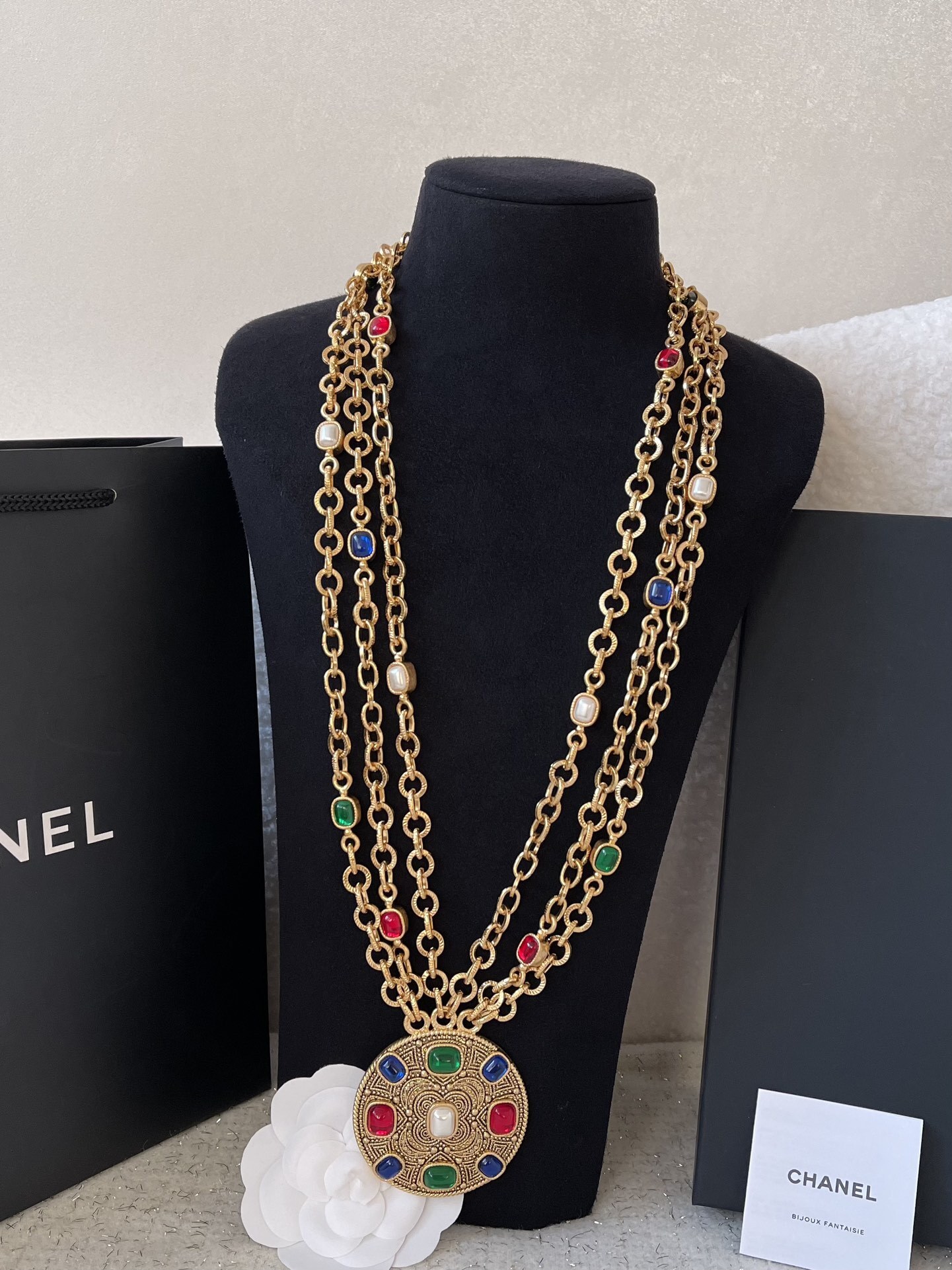 Vintage Chanel Multi-Layer Gold Chain Necklace & Belt with Gemstones