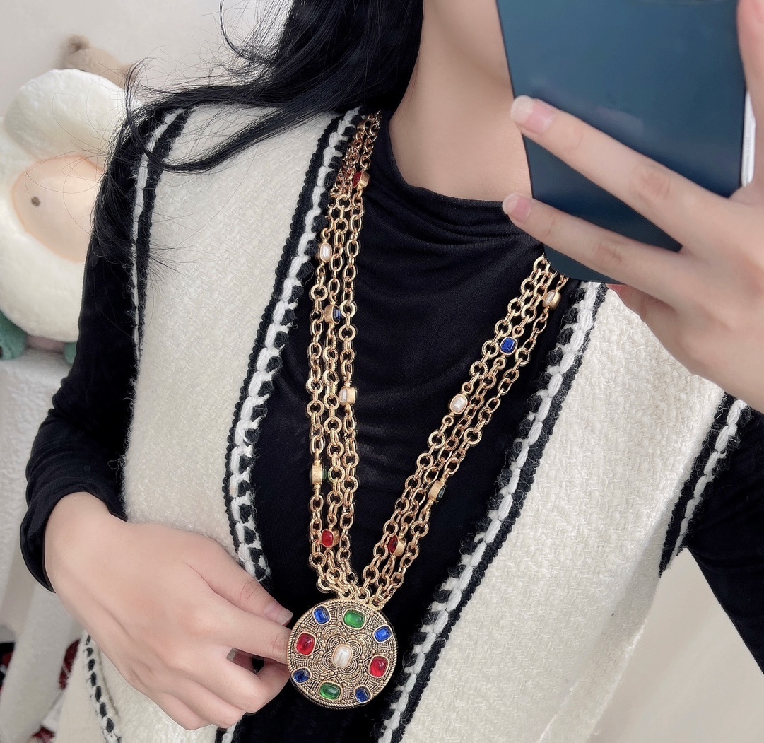 Vintage Chanel Multi-Layer Gold Chain Necklace & Belt with Gemstones