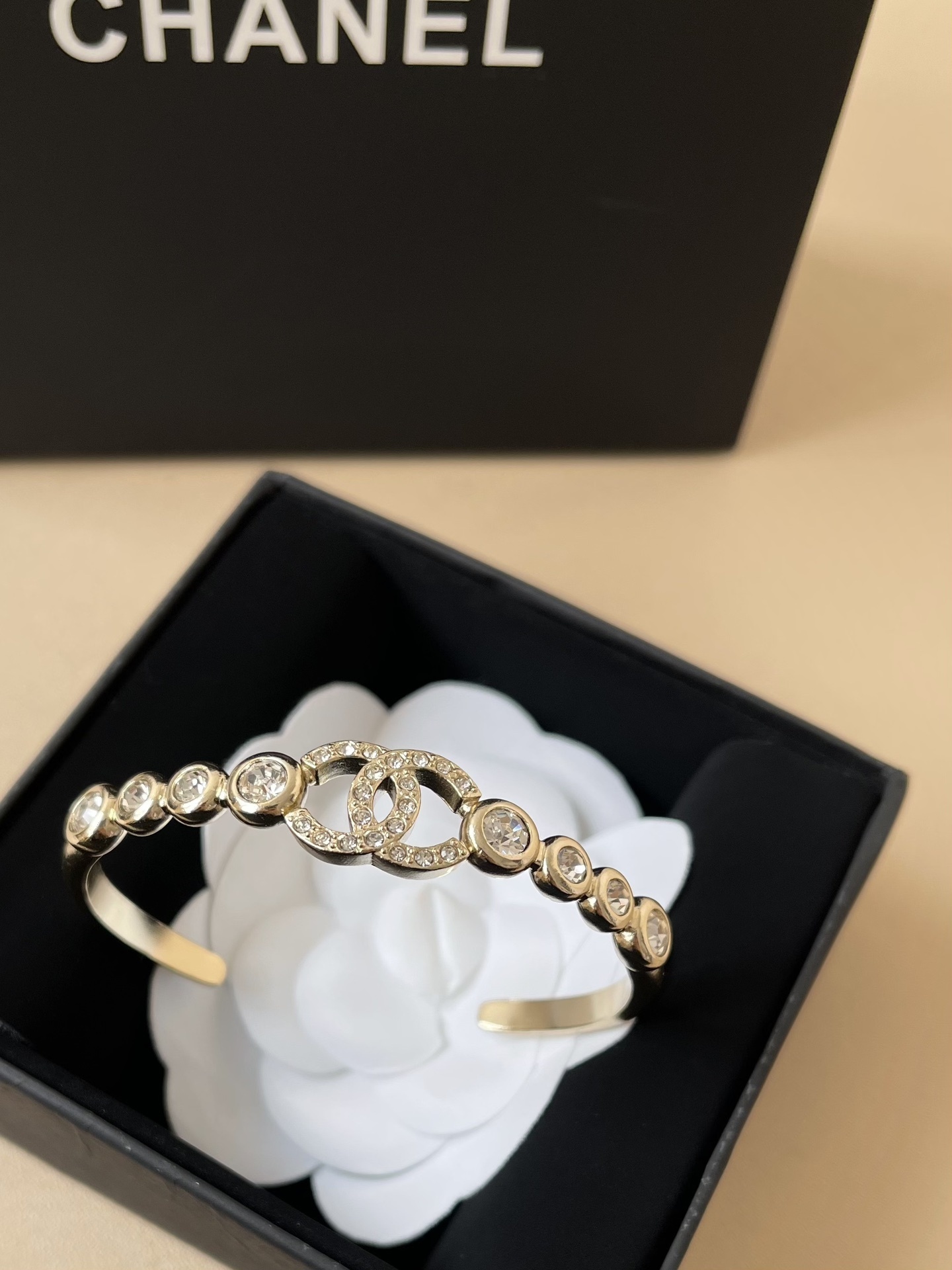 Luxury Gold-Tone Crystal CC Logo Cuff Bangle Bracelet