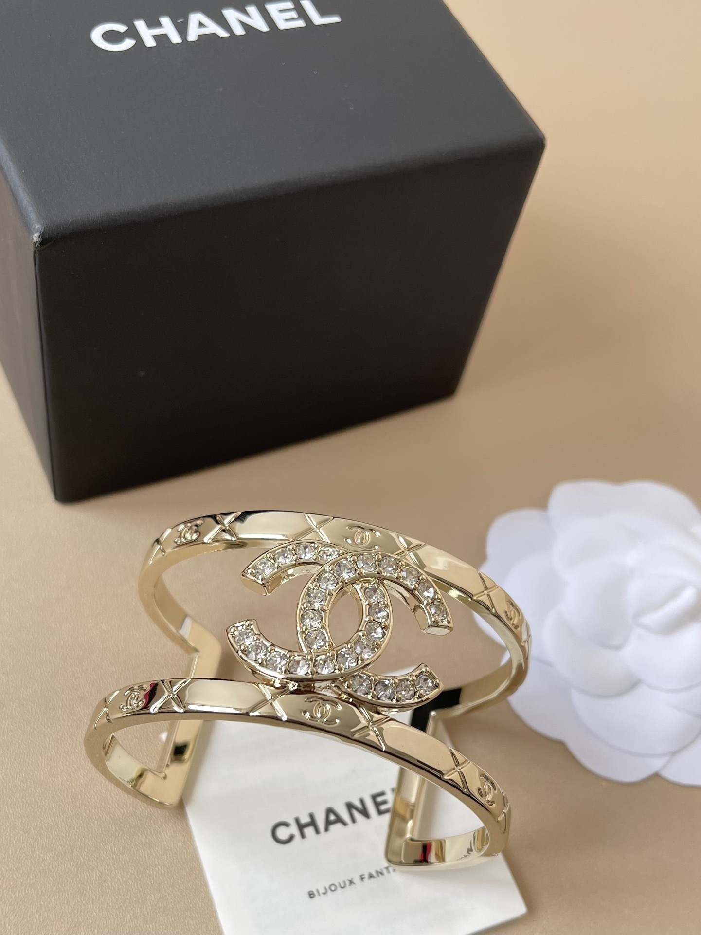 Chanel Quilted Gold Metal & Crystal CC Wide Cuff Bracelet