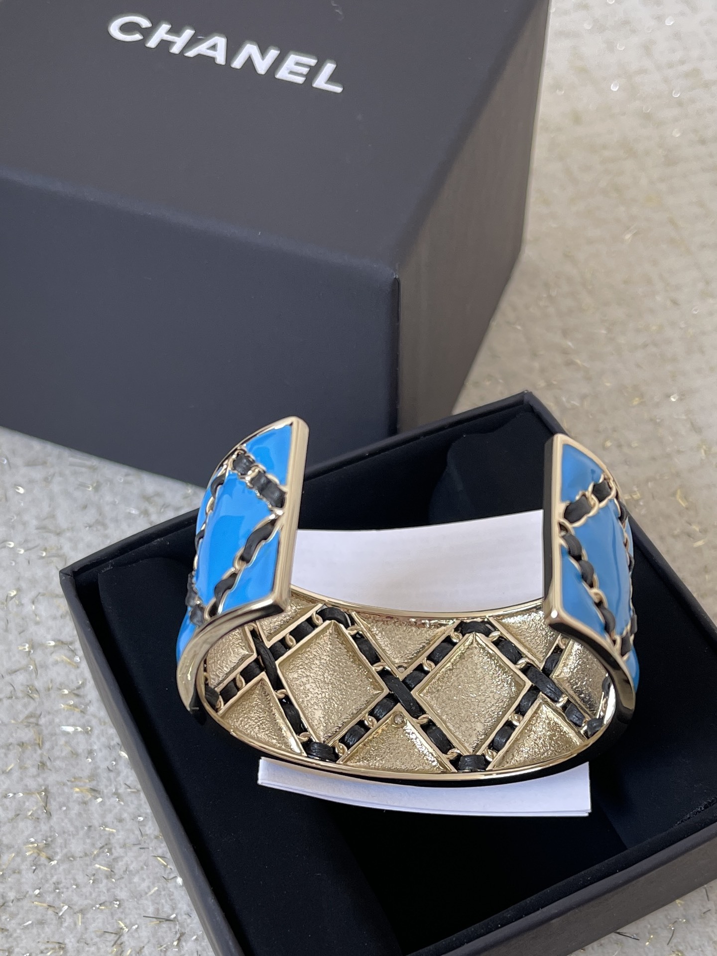 Chanel Turquoise Enamel Cuff Bracelet with Gold-Tone CC Logo