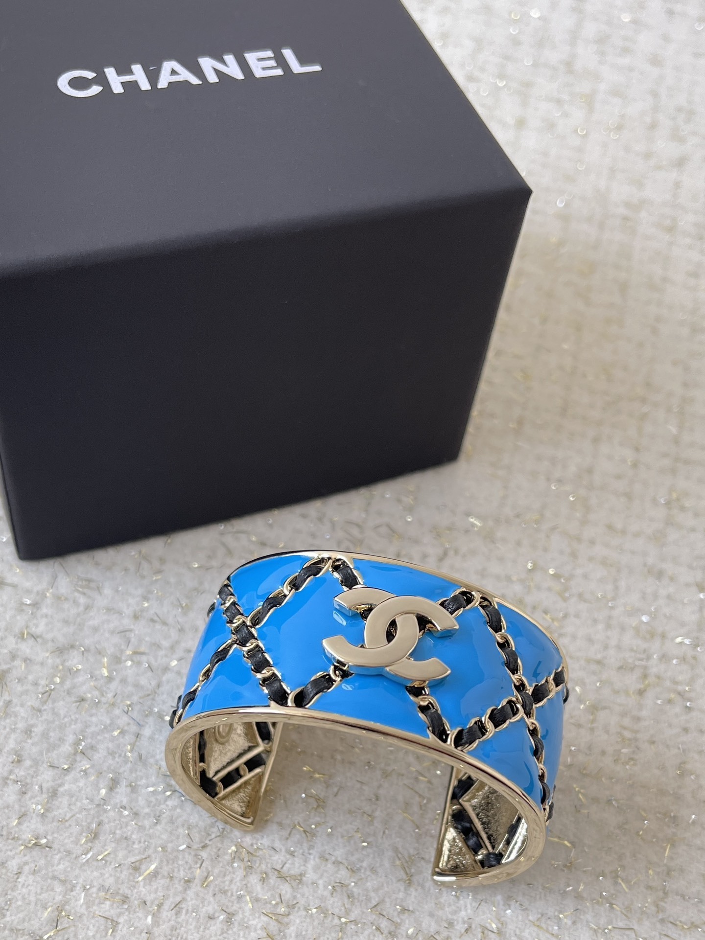 Chanel Turquoise Enamel Cuff Bracelet with Gold-Tone CC Logo