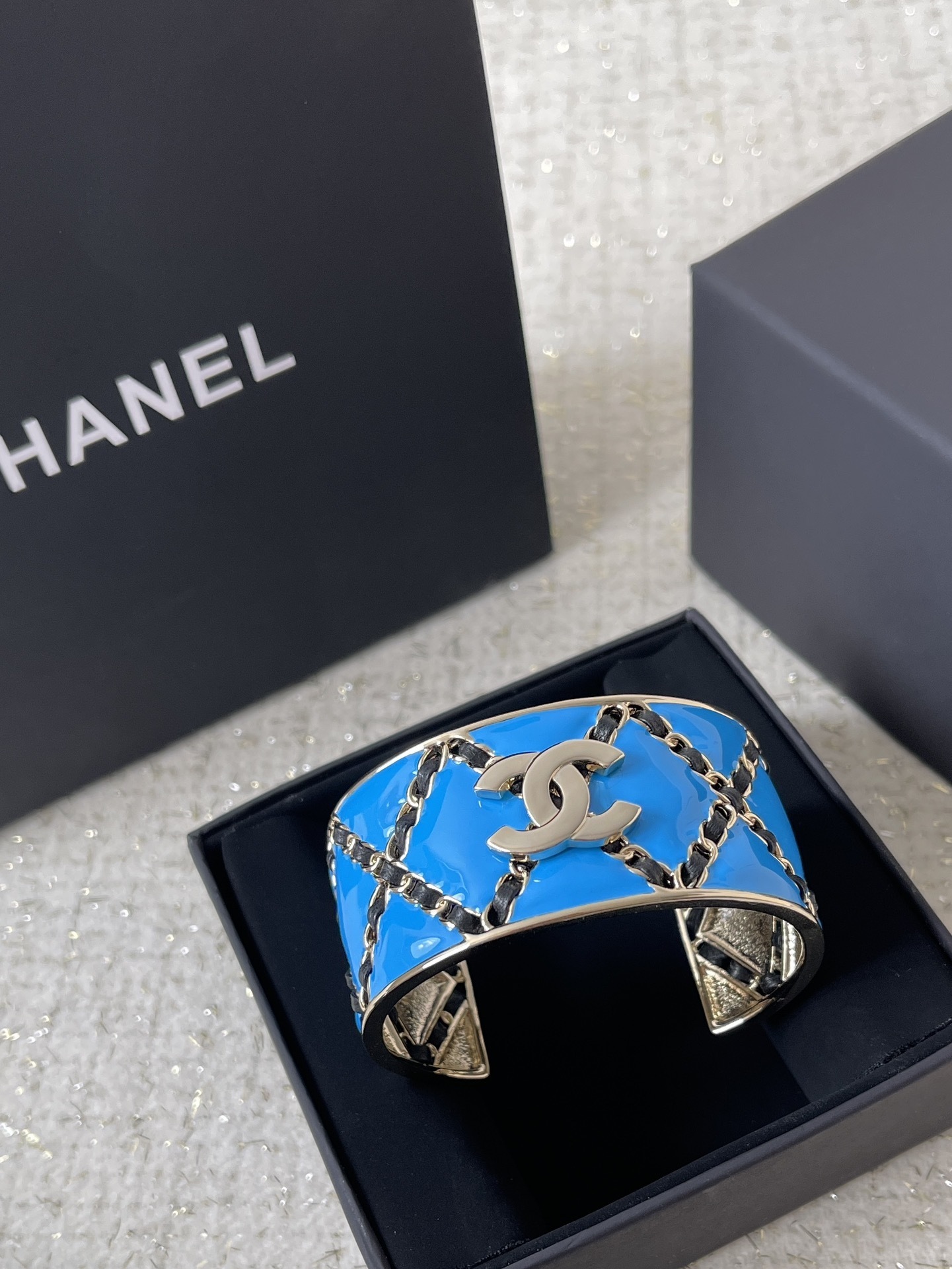 Chanel Turquoise Enamel Cuff Bracelet with Gold-Tone CC Logo