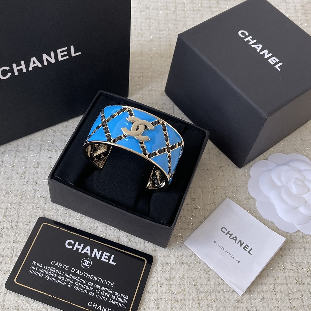 Chanel Turquoise Enamel Cuff Bracelet with Gold-Tone CC Logo