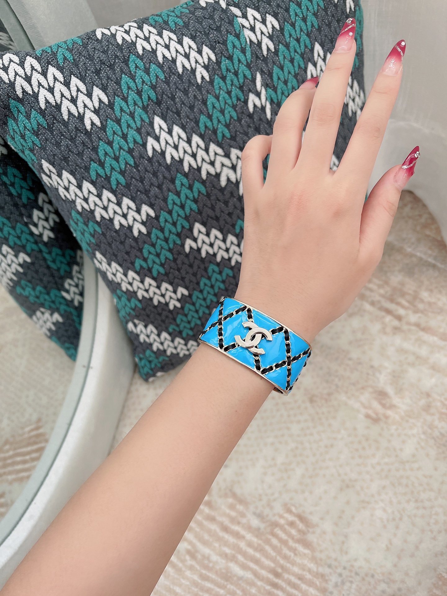 Chanel Turquoise Enamel Cuff Bracelet with Gold-Tone CC Logo