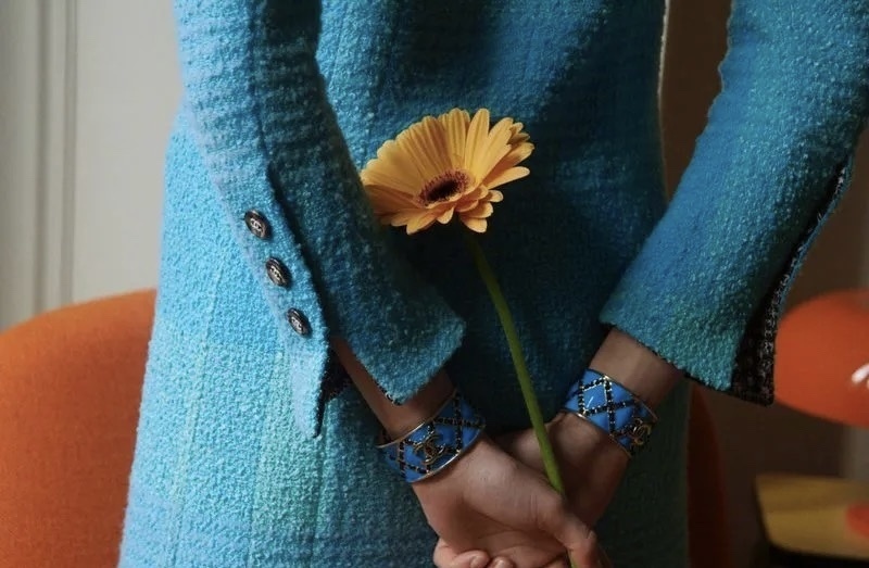 Chanel Turquoise Enamel Cuff Bracelet with Gold-Tone CC Logo