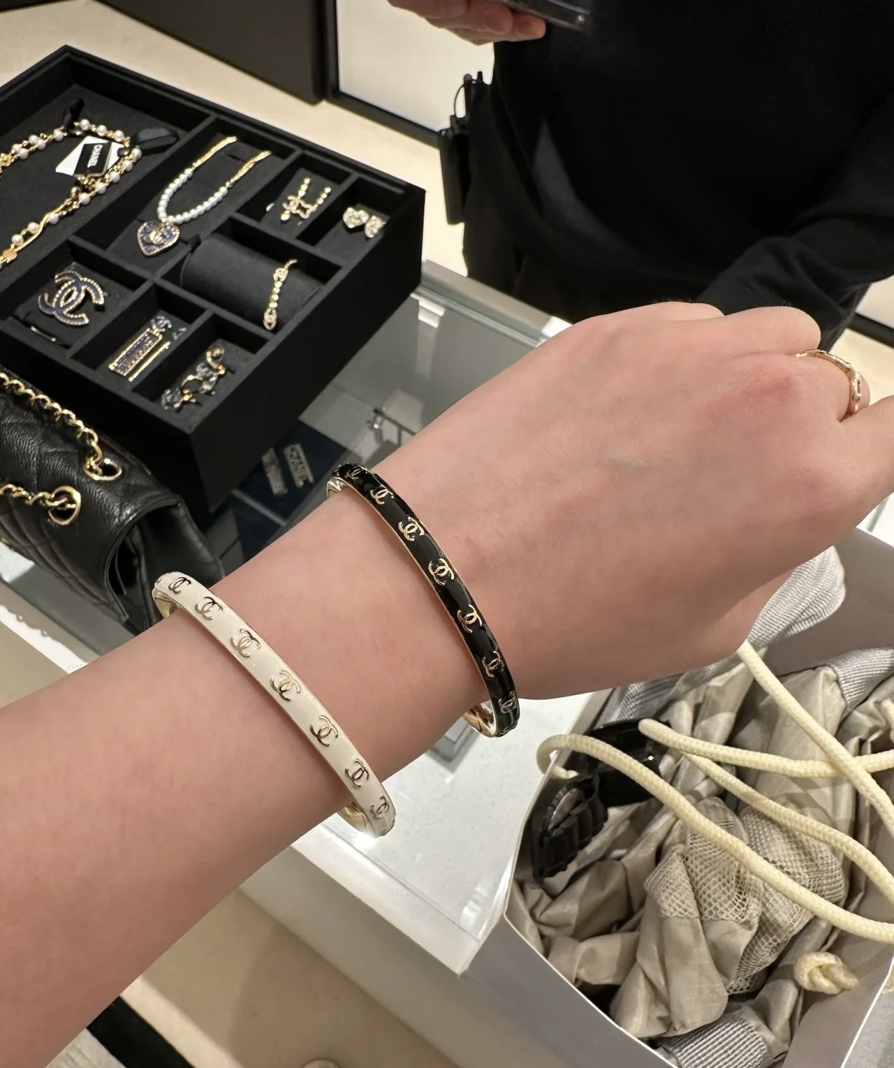 Luxury Enamel CC Logo Bangle - Elegant Gold Designer Cuff Bracelet