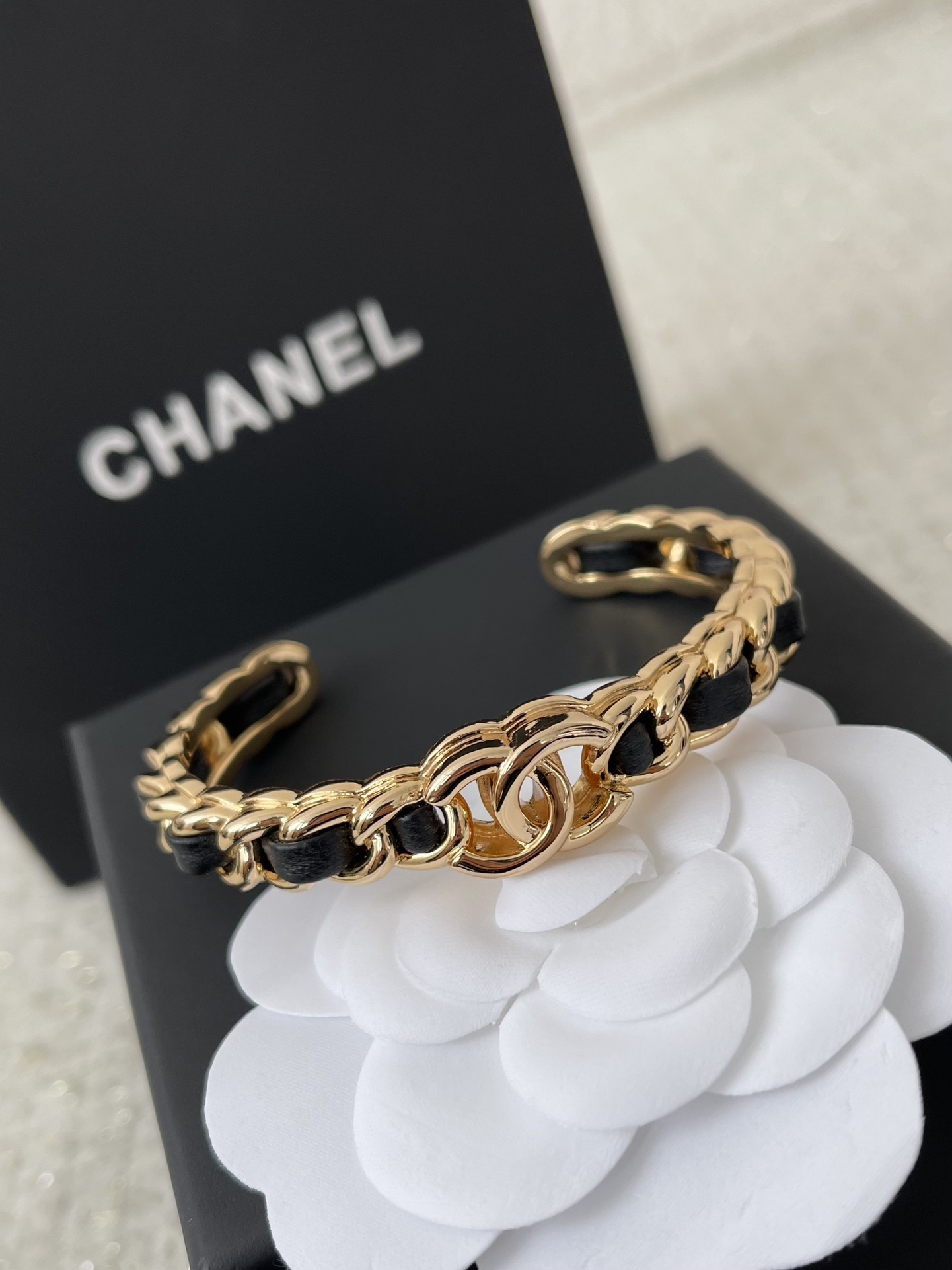 Luxury Gold & Black Leather Intertwined CC Logo Jewelry Collection