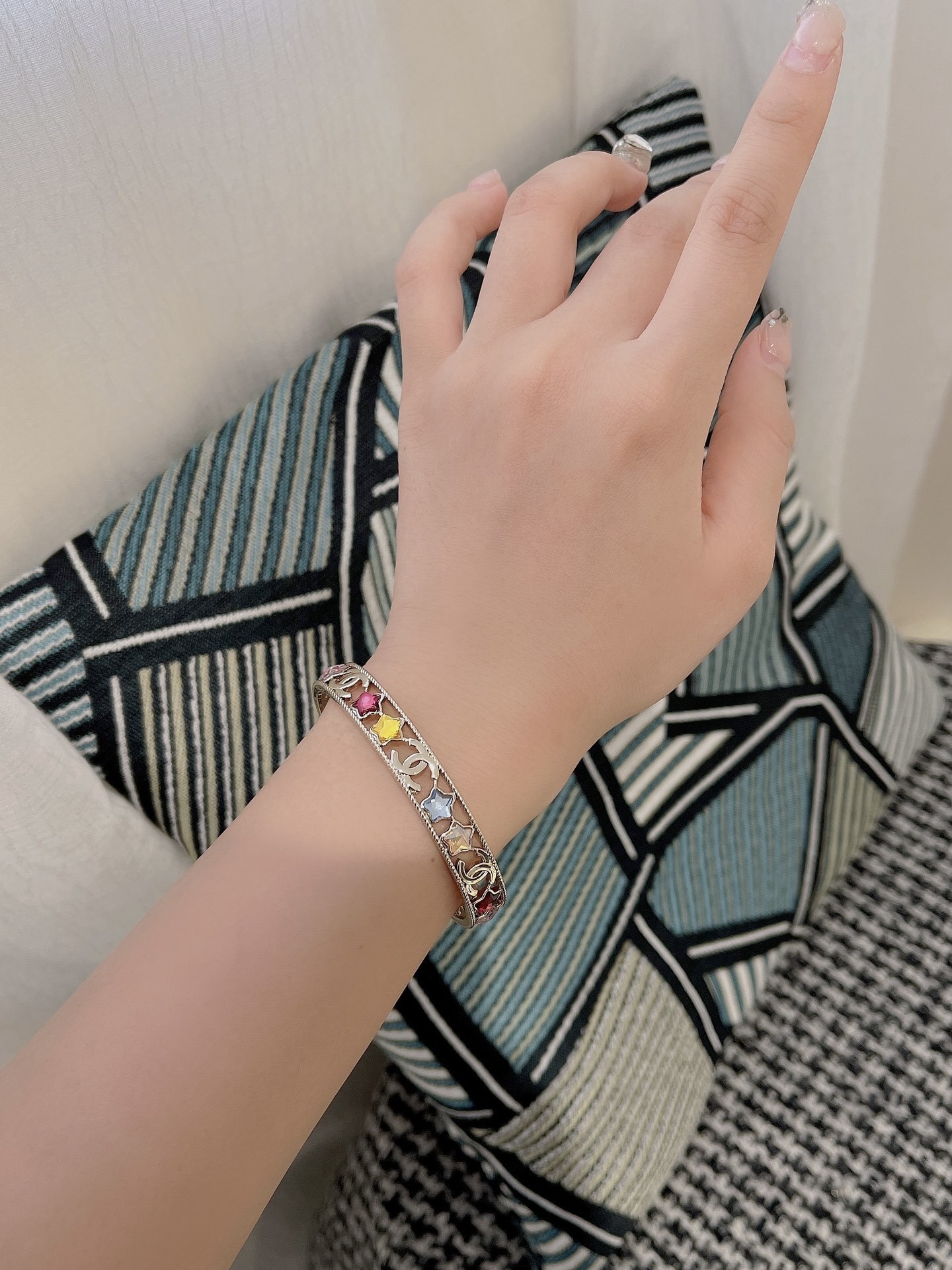 Elegant CC Logo Gold Cuff Bracelet with Colorful Star Crystals