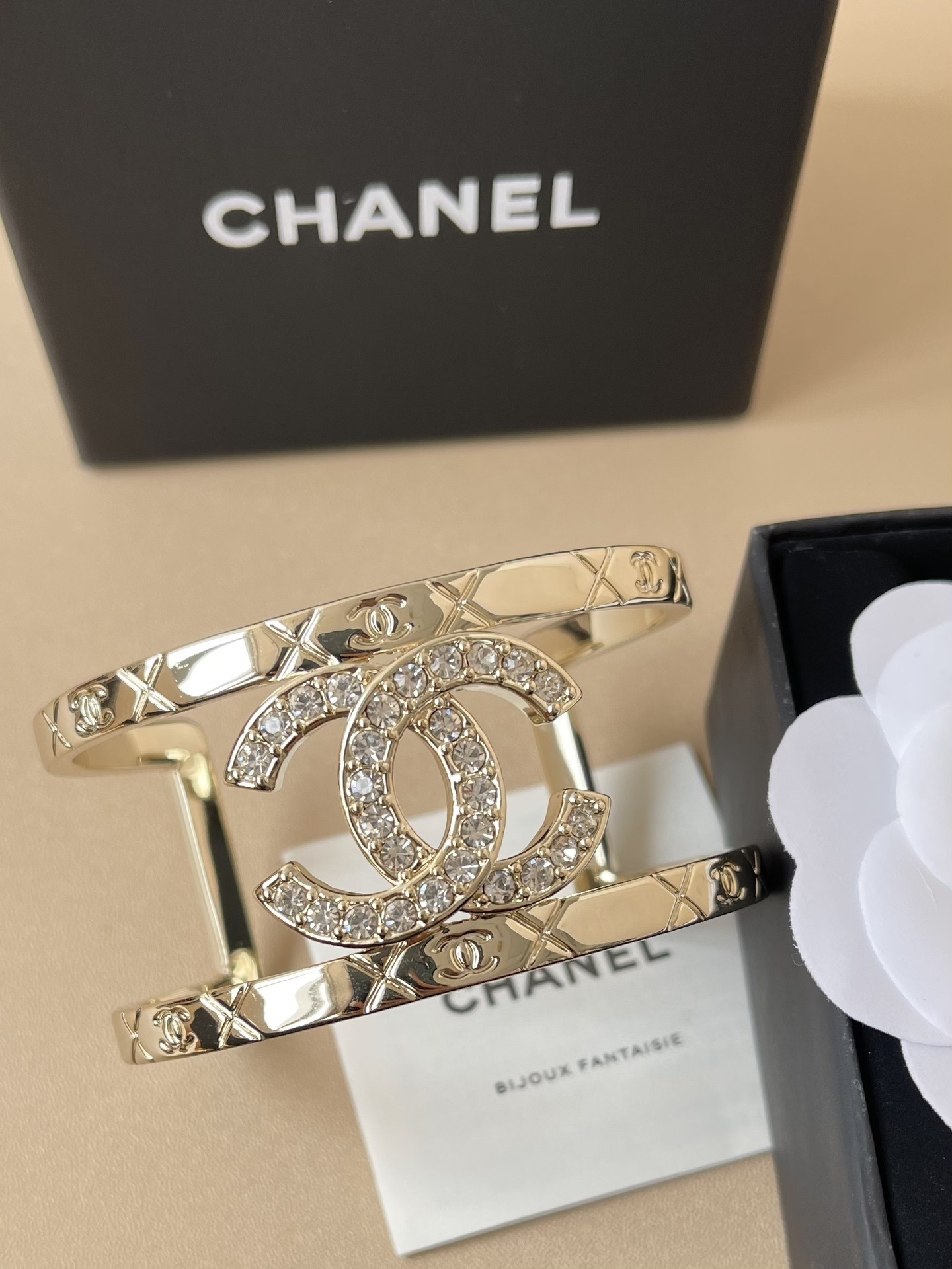 Chanel Gold Crystal CC Logo Wide Cuff Bracelet - 2025 Collection