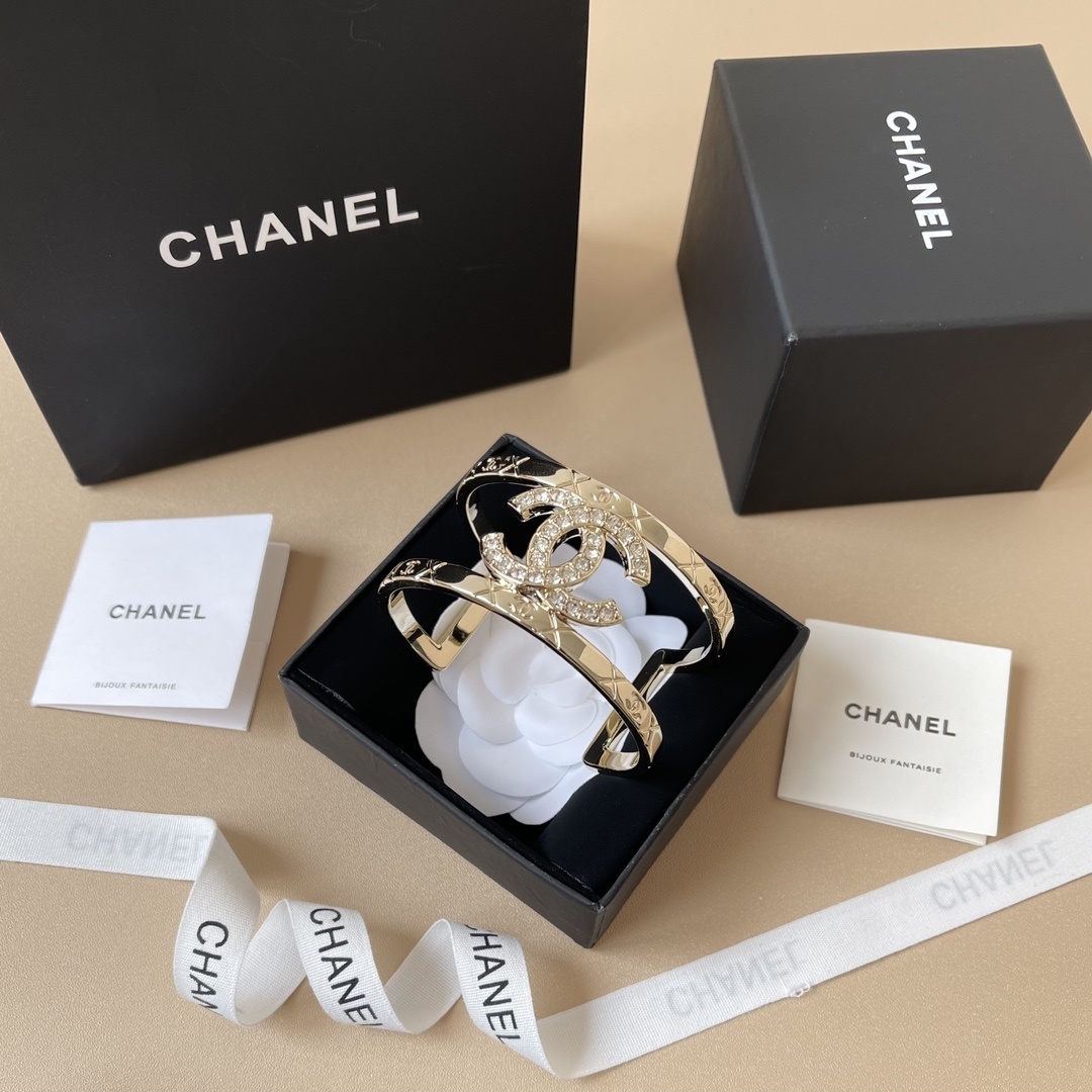 Chanel Gold Crystal CC Logo Wide Cuff Bracelet - 2025 Collection