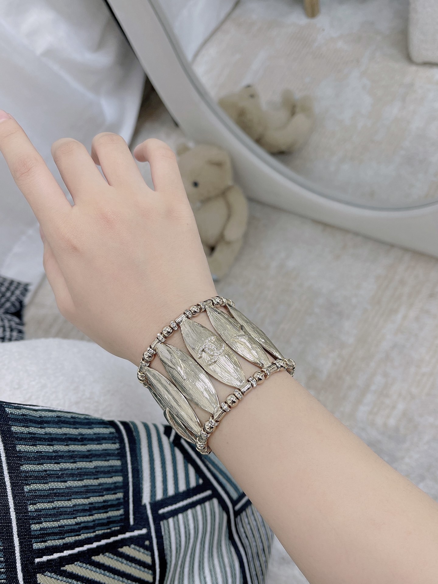 Chanel Luxury Gold Leaf Cuff Bracelet with Rhinestone CC Logo