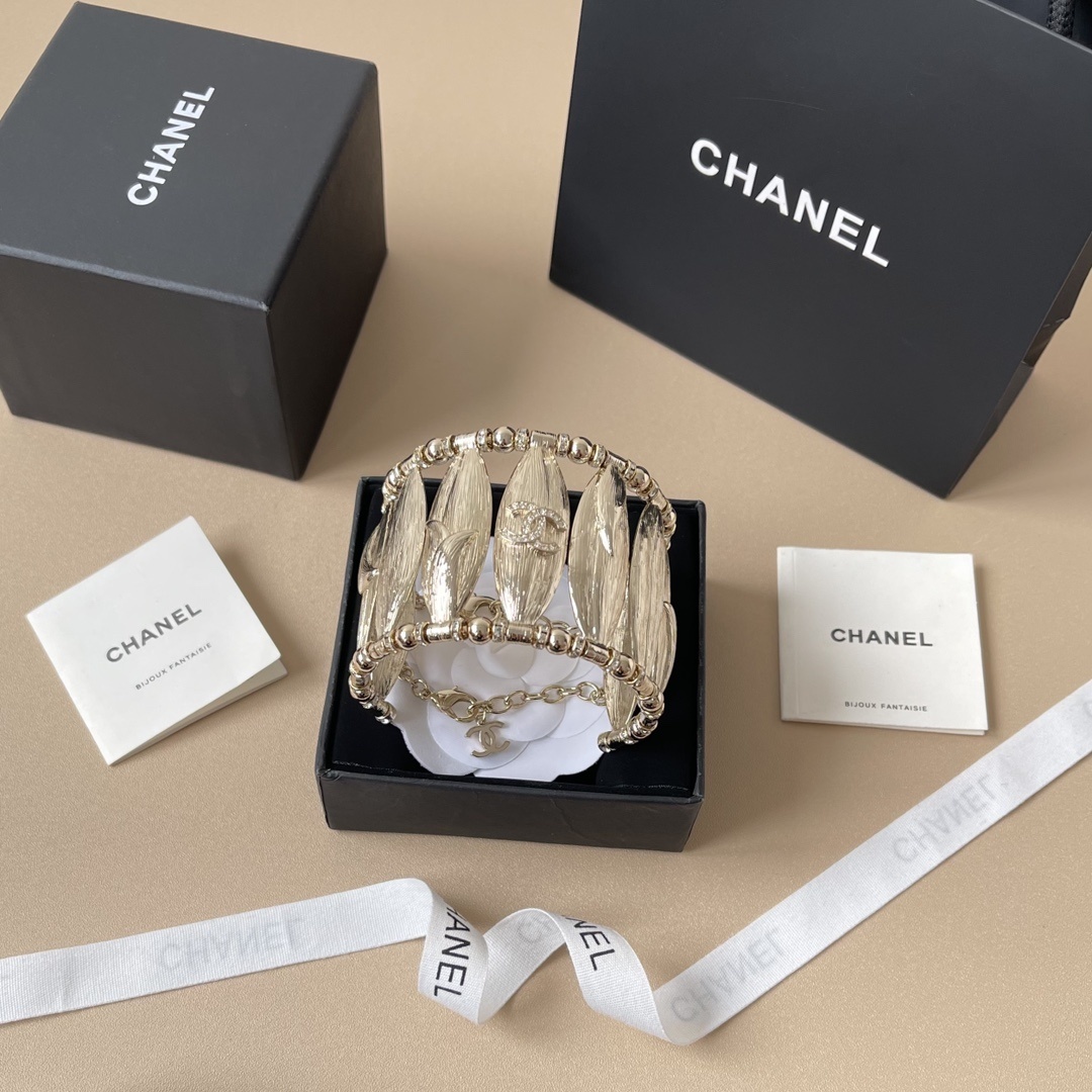 Chanel Luxury Gold Leaf Cuff Bracelet with Rhinestone CC Logo