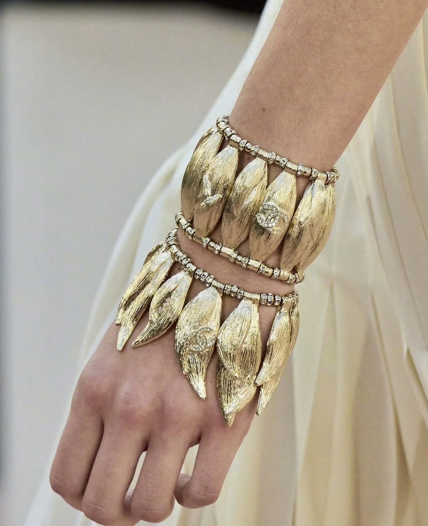 Chanel Luxury Gold Leaf Cuff Bracelet with Rhinestone CC Logo