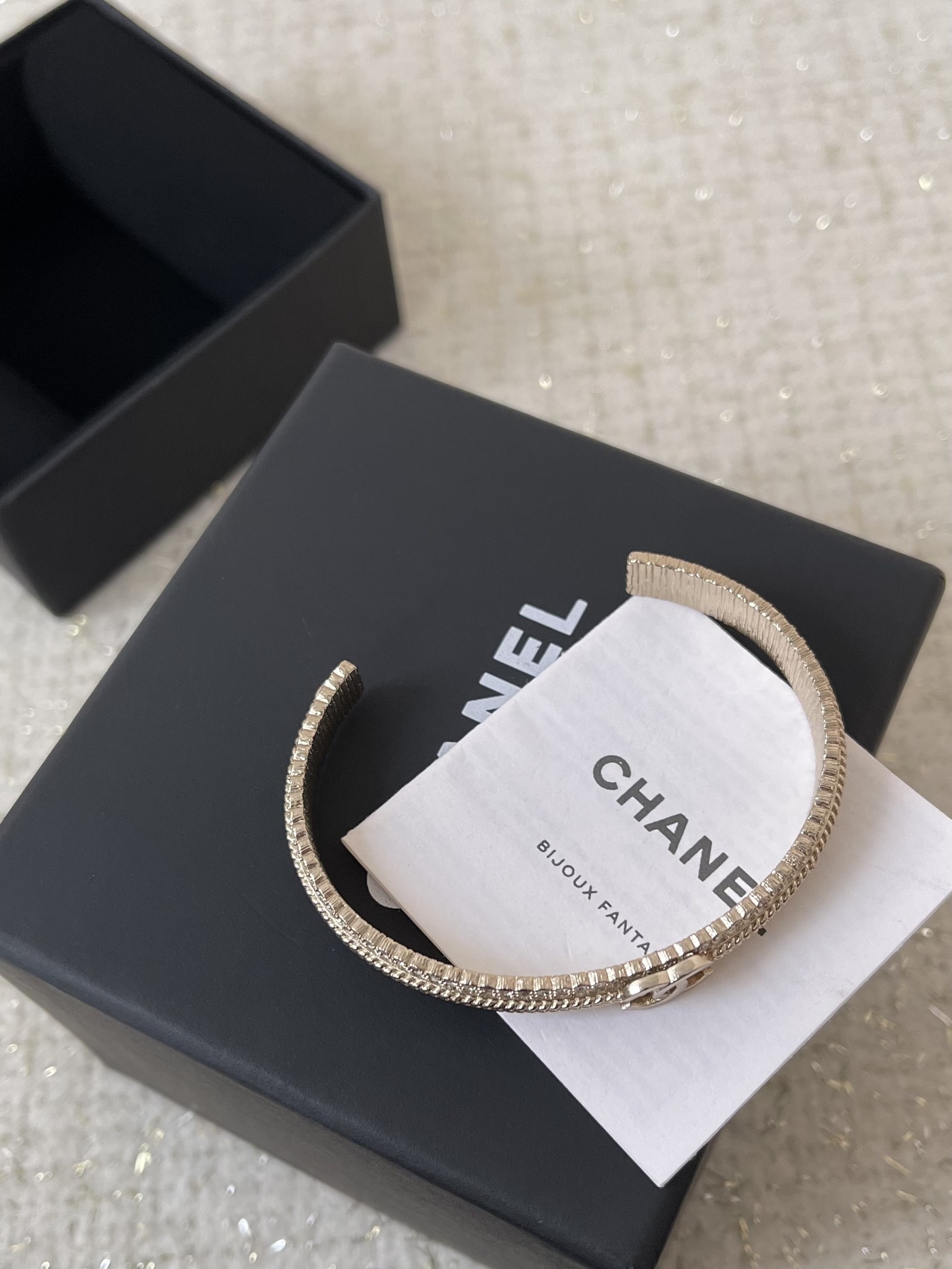 Luxury Chanel CC Interlocking Logo Gold Bangle with Crystals