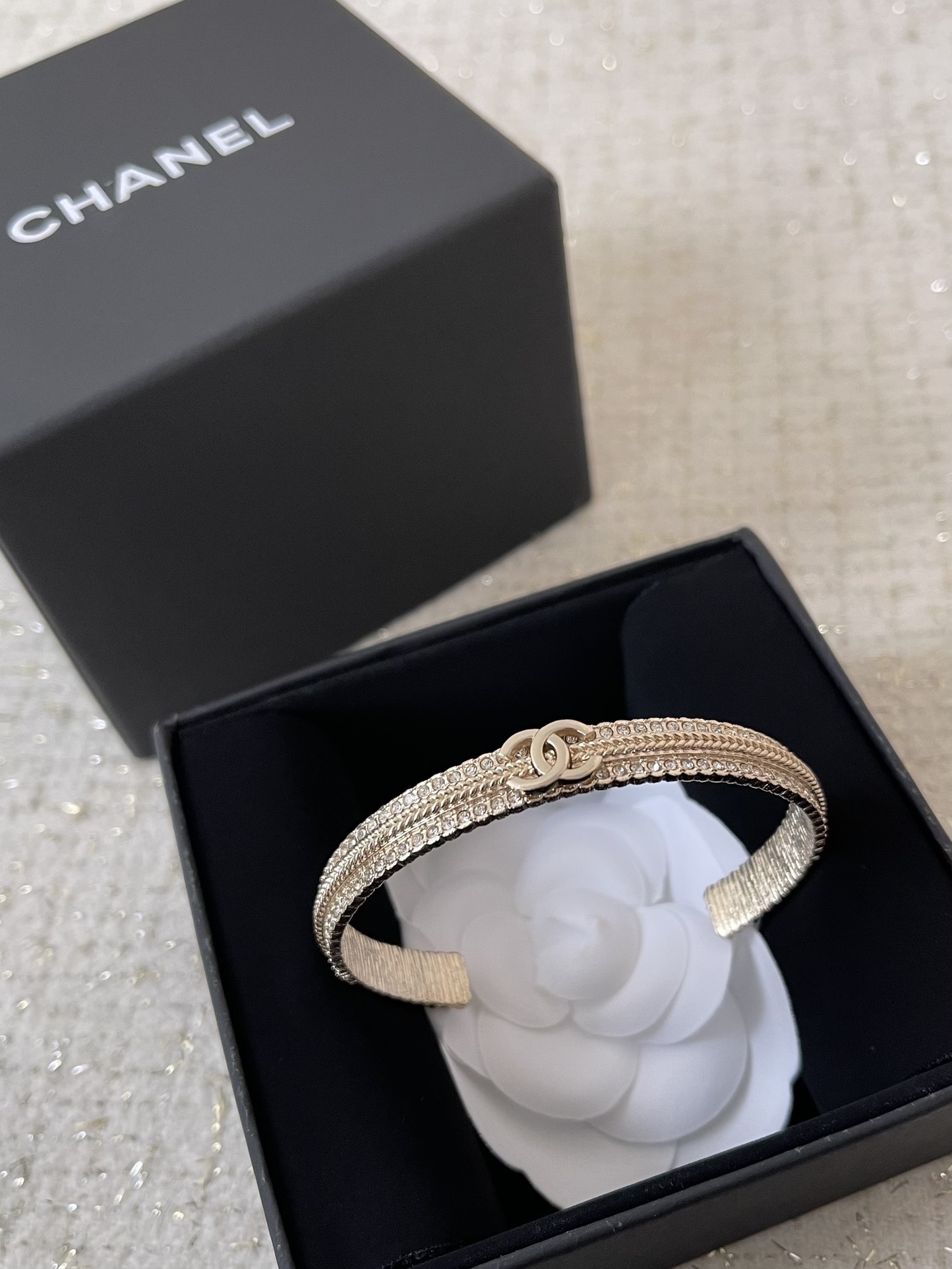 Luxury Chanel CC Interlocking Logo Gold Bangle with Crystals