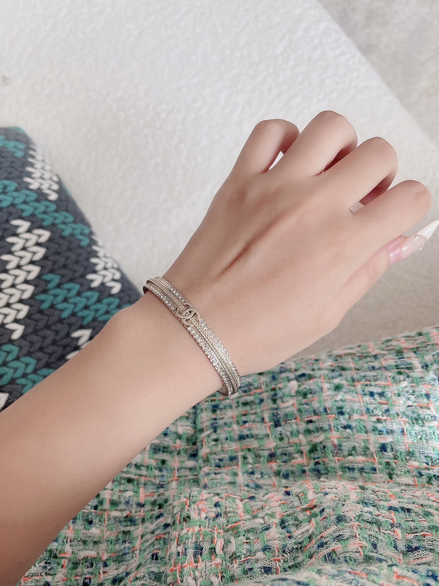 Luxury Chanel CC Interlocking Logo Gold Bangle with Crystals