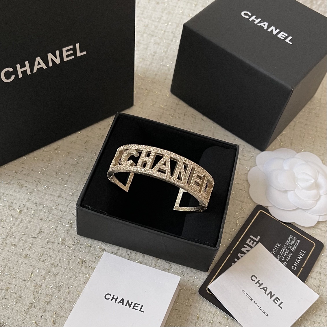 Chanel Metal & Rhinestone Wide Cuff Bracelet - Elegant Gold Tone