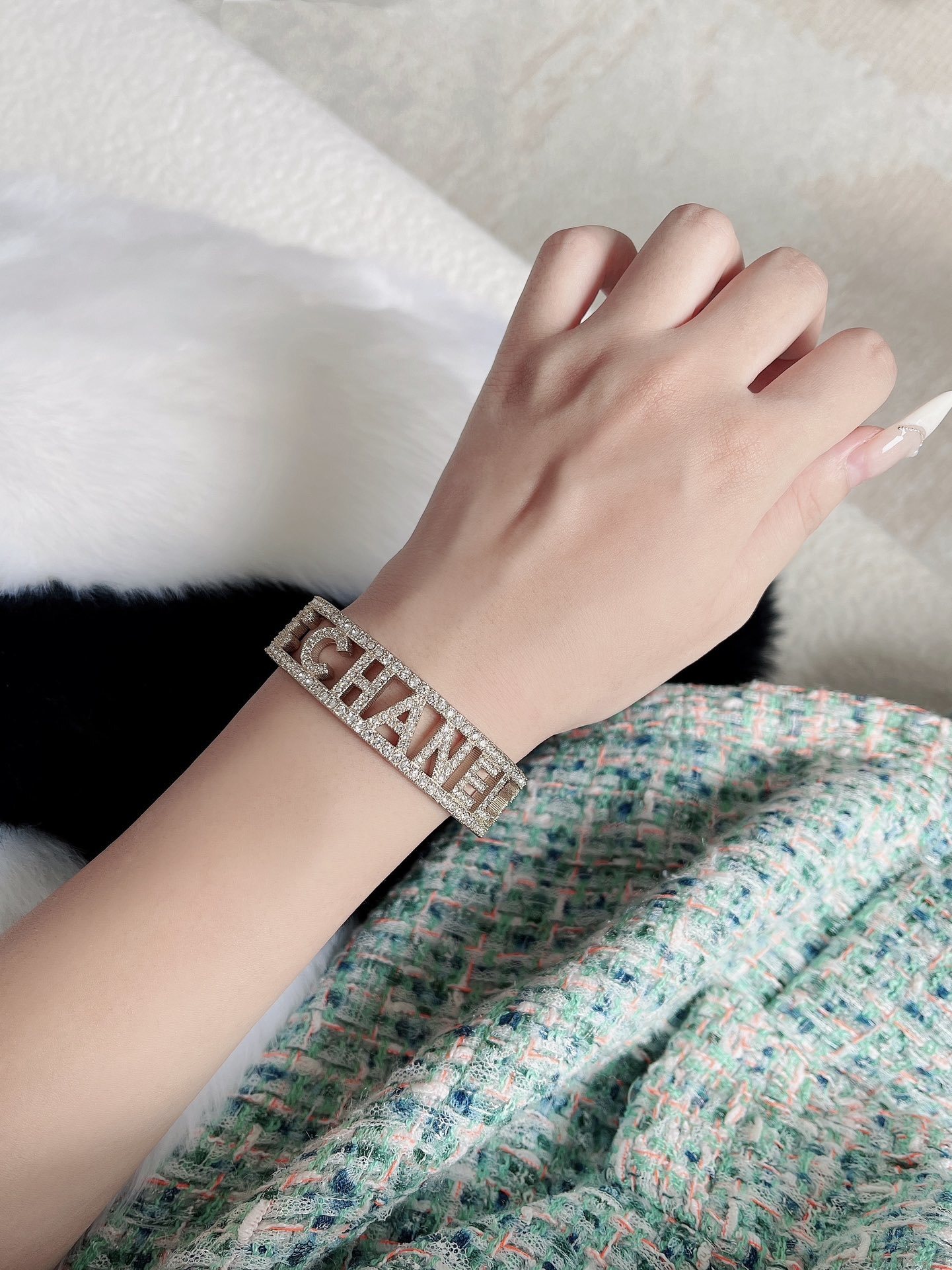 Chanel Metal & Rhinestone Wide Cuff Bracelet - Elegant Gold Tone