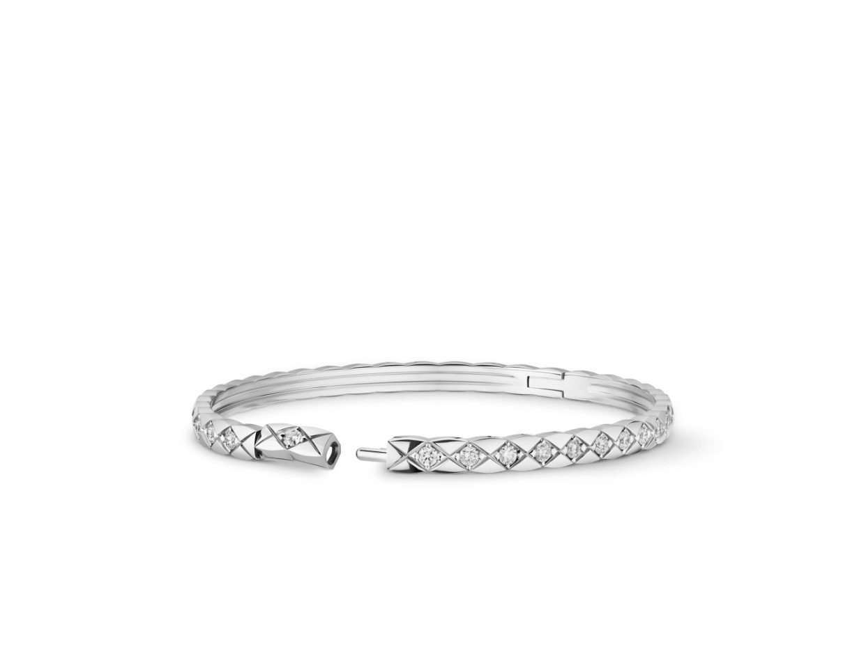 Chanel Coco Crush Quilted Bangle - Silver Diamond Bracelet