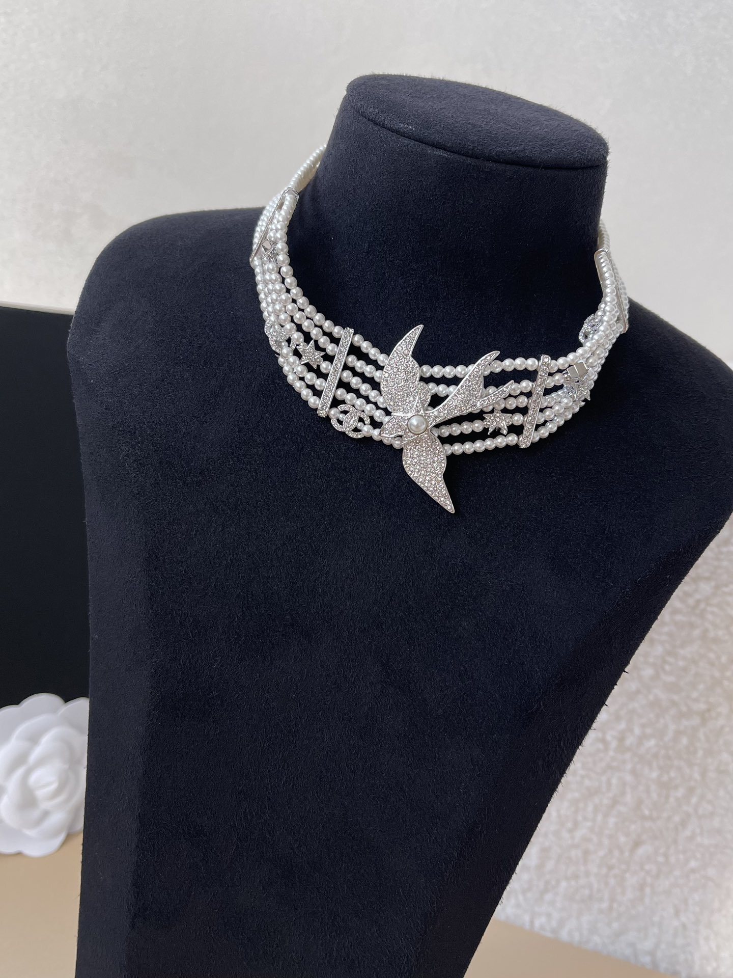Chanel 2025 SS Pearl Choker Necklace with Crystal Swallow Motif