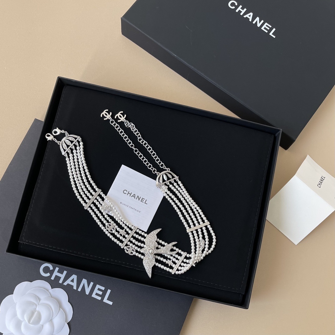 Chanel 2025 SS Pearl Choker Necklace with Crystal Swallow Motif