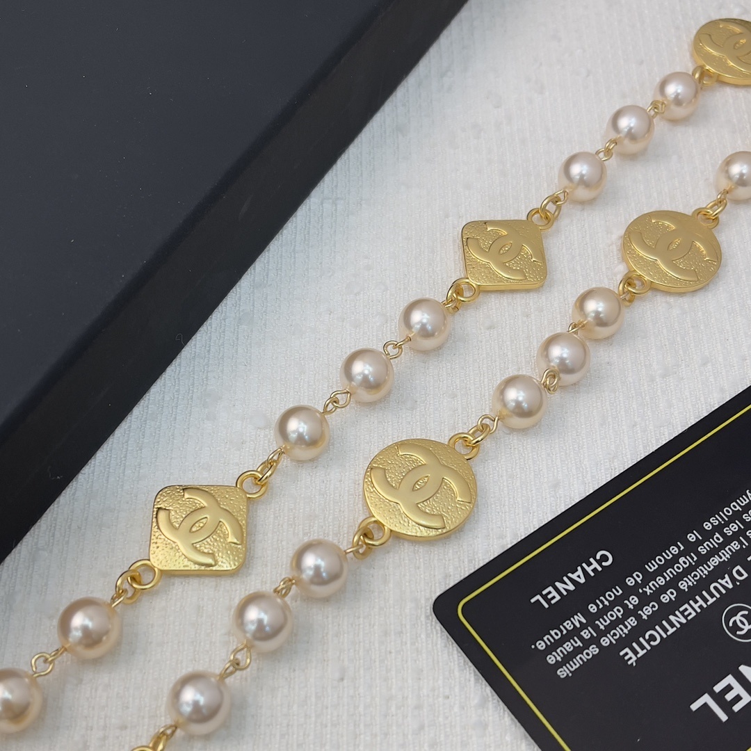 Luxury Long Pearl Necklace with Gold CC Logo Medallions