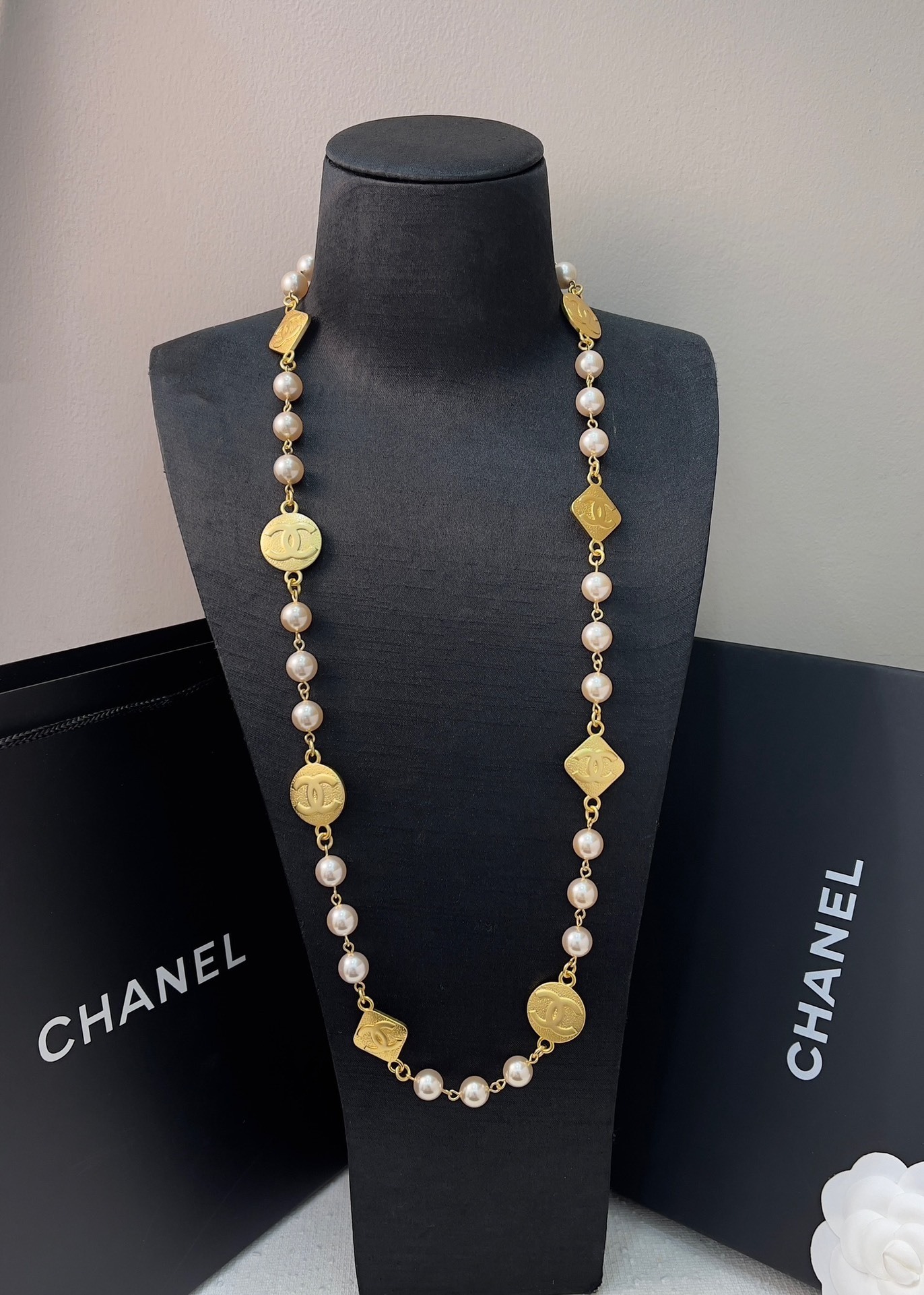Luxury Long Pearl Necklace with Gold CC Logo Medallions