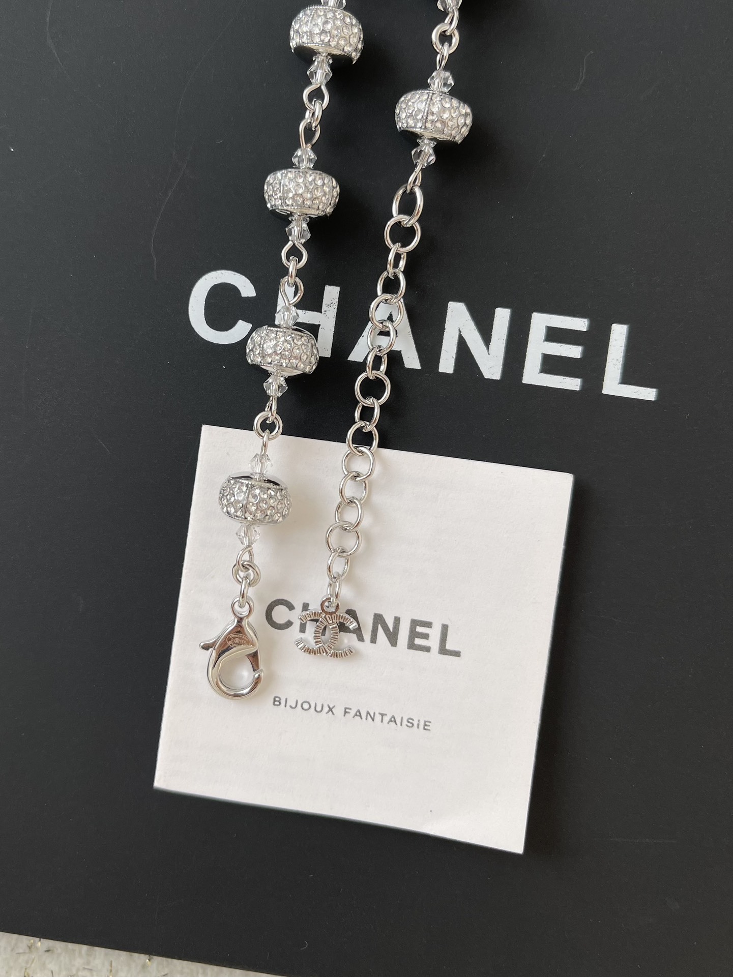 Luxury Chanel CC Logo Crystal Encrusted Silver Necklace